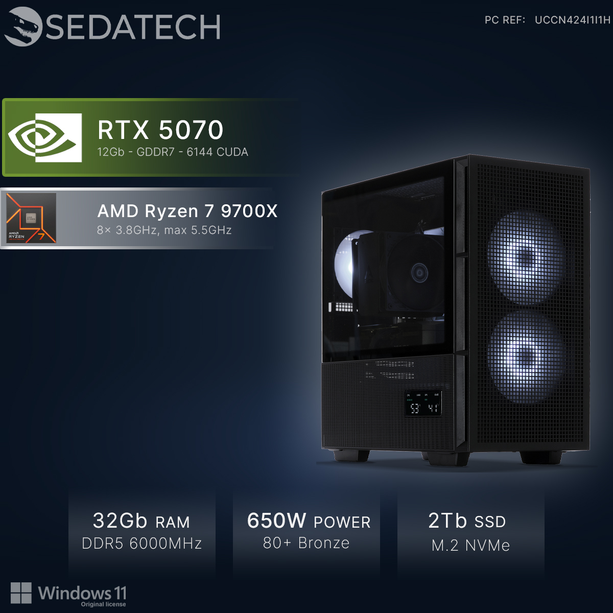 Ein schwarzer PC mit RTX 5070, Ryzen 7 9700X, 32GB RAM, 650W Netzteil, 2TB SSD.