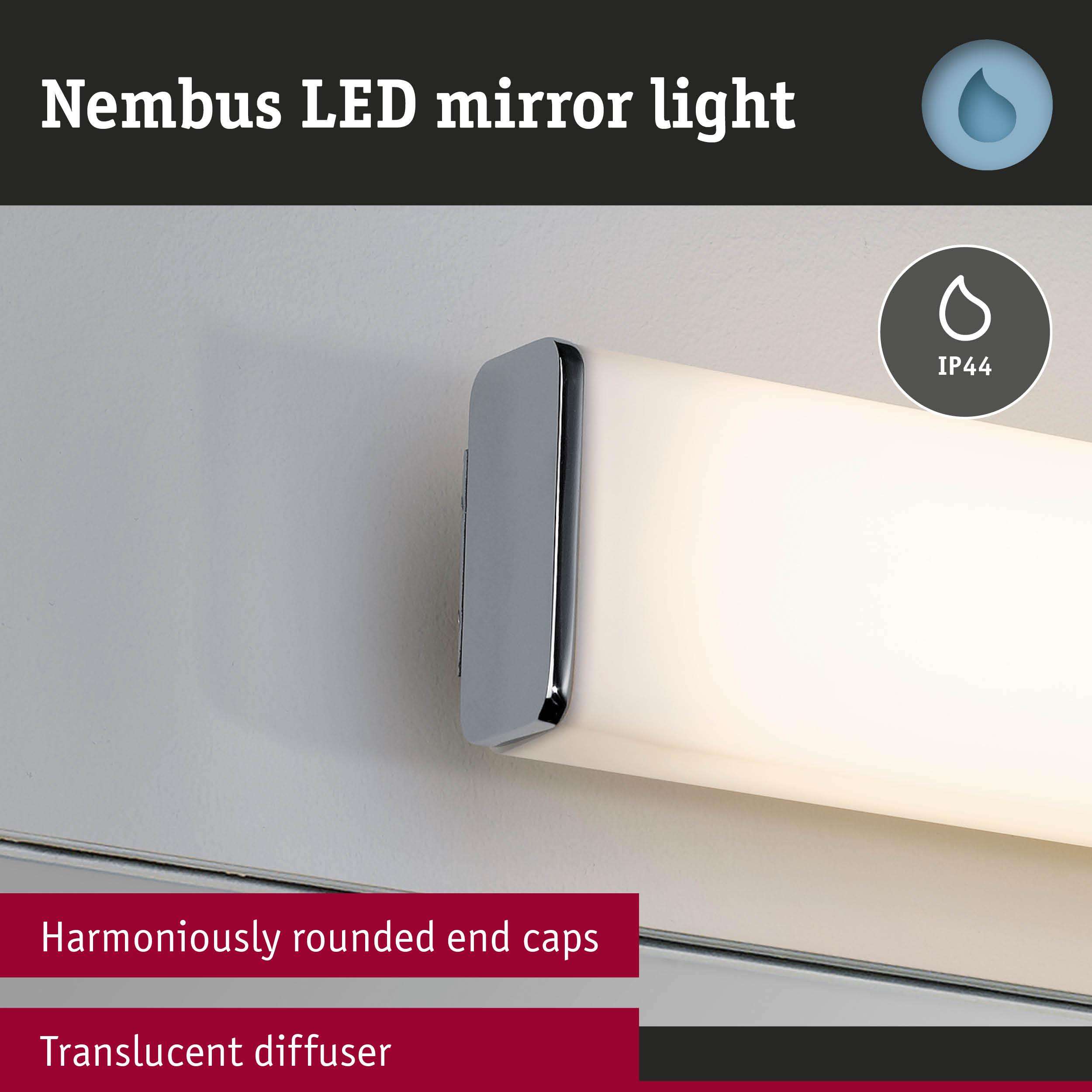 Luce specchio LED Nembus con tappi lucidati e diffusore traslucido.
