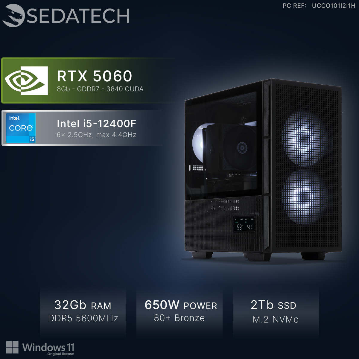 PC nero con RTX 5060, Intel i5, 32 GB RAM, alimentatore 650W e SSD 2 TB.