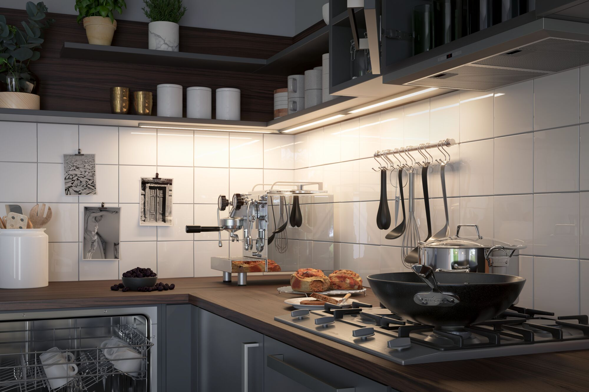 Moderne Küche mit Espressomaschine, Gebäck, Kochutensilien und Spülmaschine.