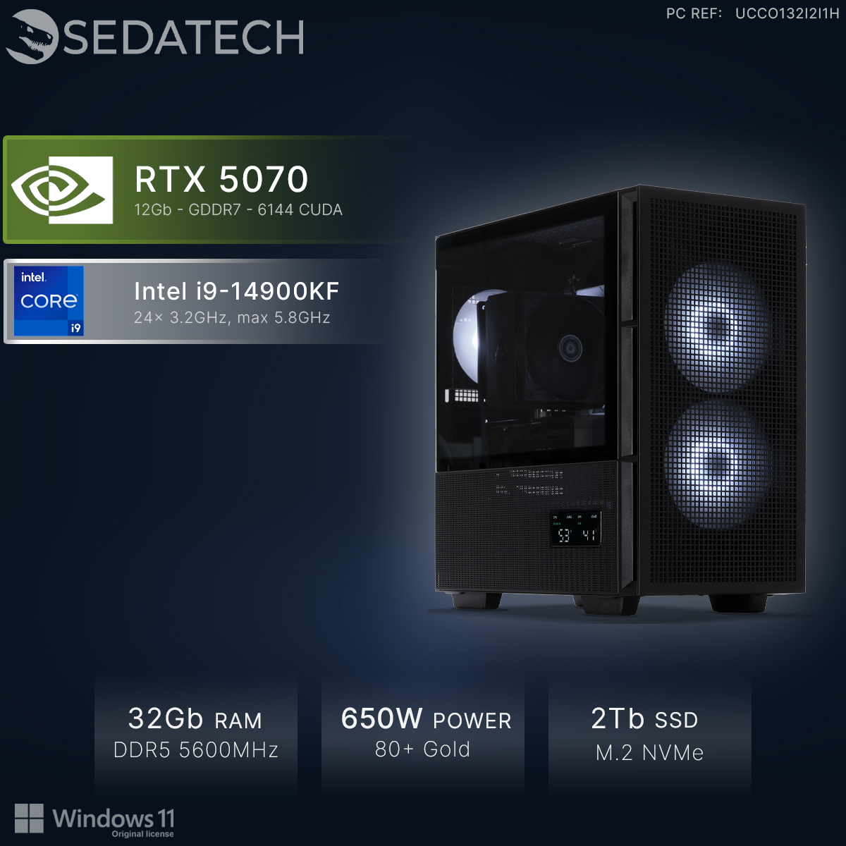 Ein schwarzer Gaming-PC mit RGB-Lüftern, Intel i9 und RTX 5070.