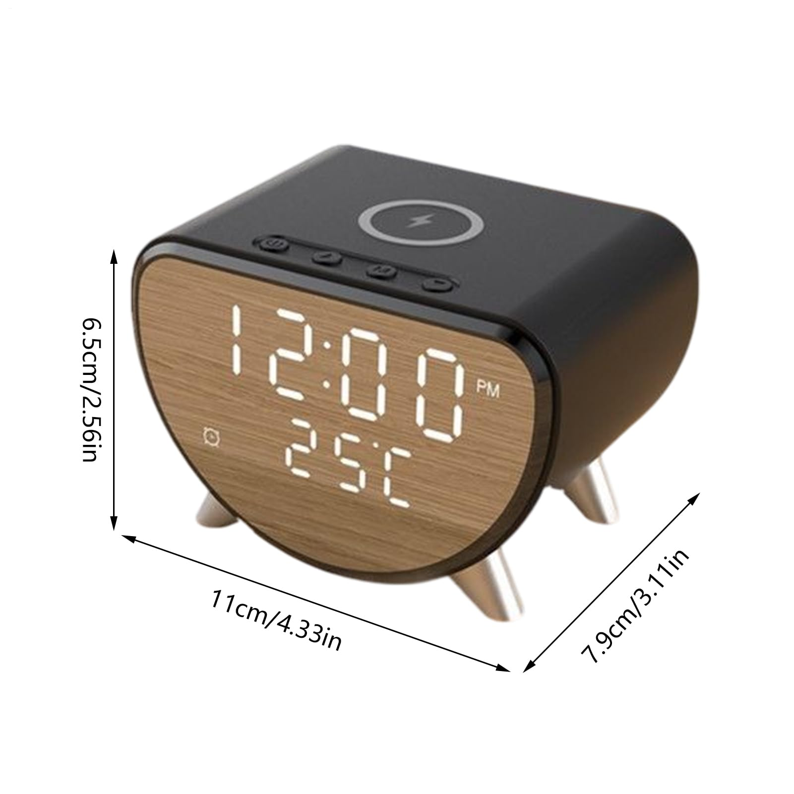 Digitaler Wecker mit Holzimitat-Display, zeigt 12:00 PM und 25C an.