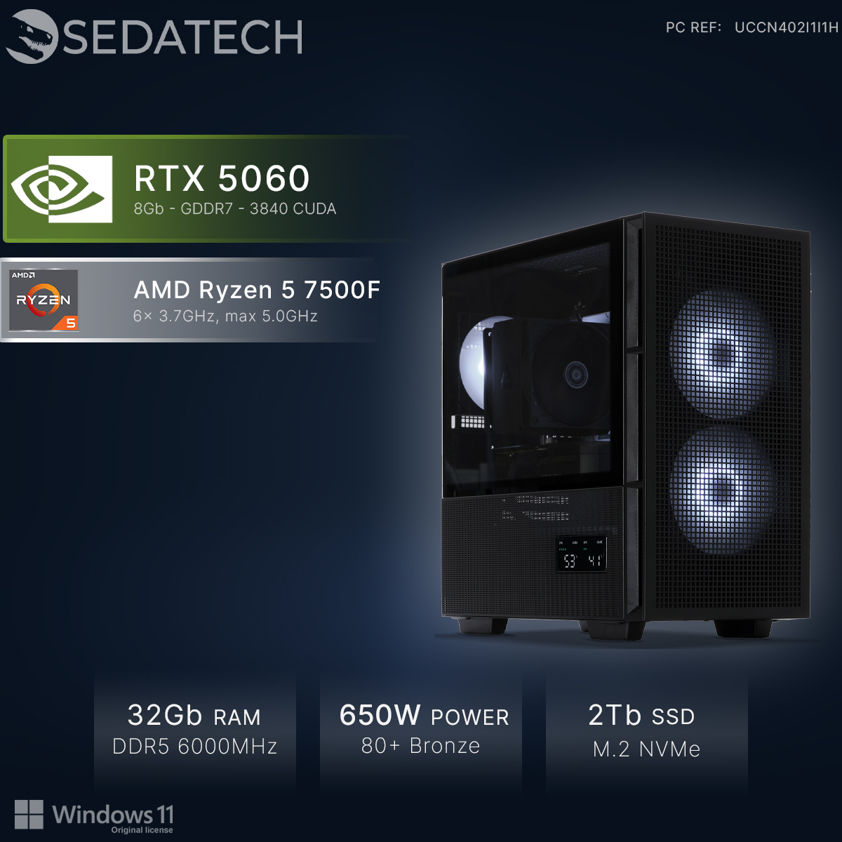 Un PC da gaming nero con RTX 5060, Ryzen 5 e 32 GB di RAM.