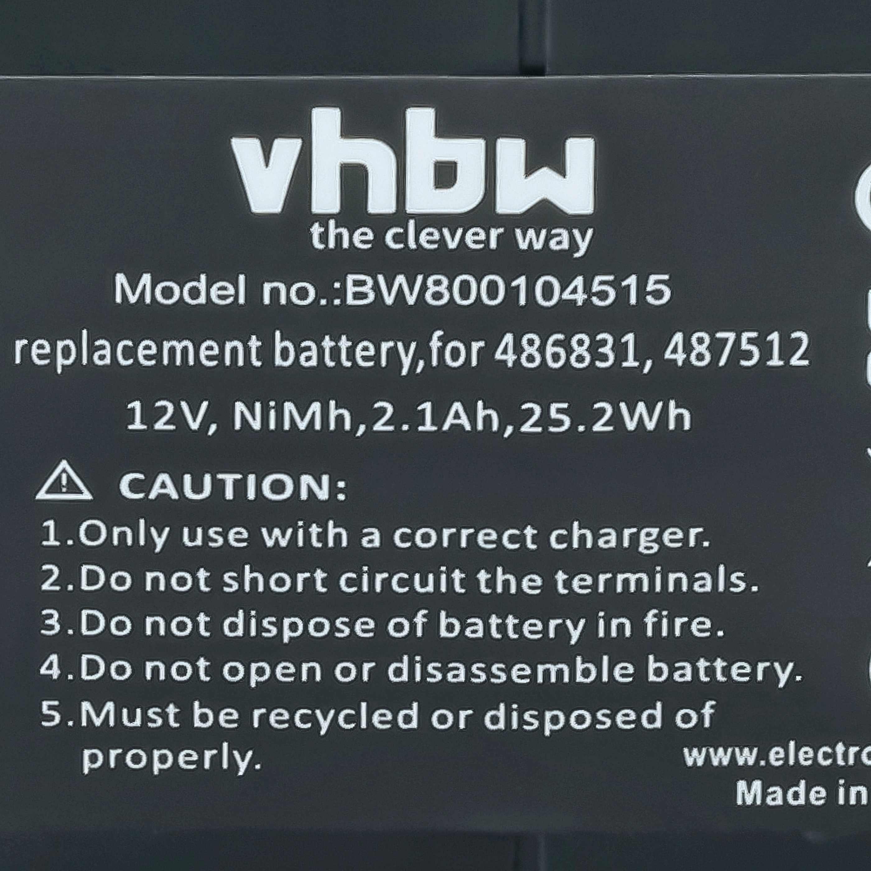 vhbw Ersatzakku: 12V, NiMH, 2.1Ah, 25.2Wh. Vorsicht: Ladehinweise beachten.