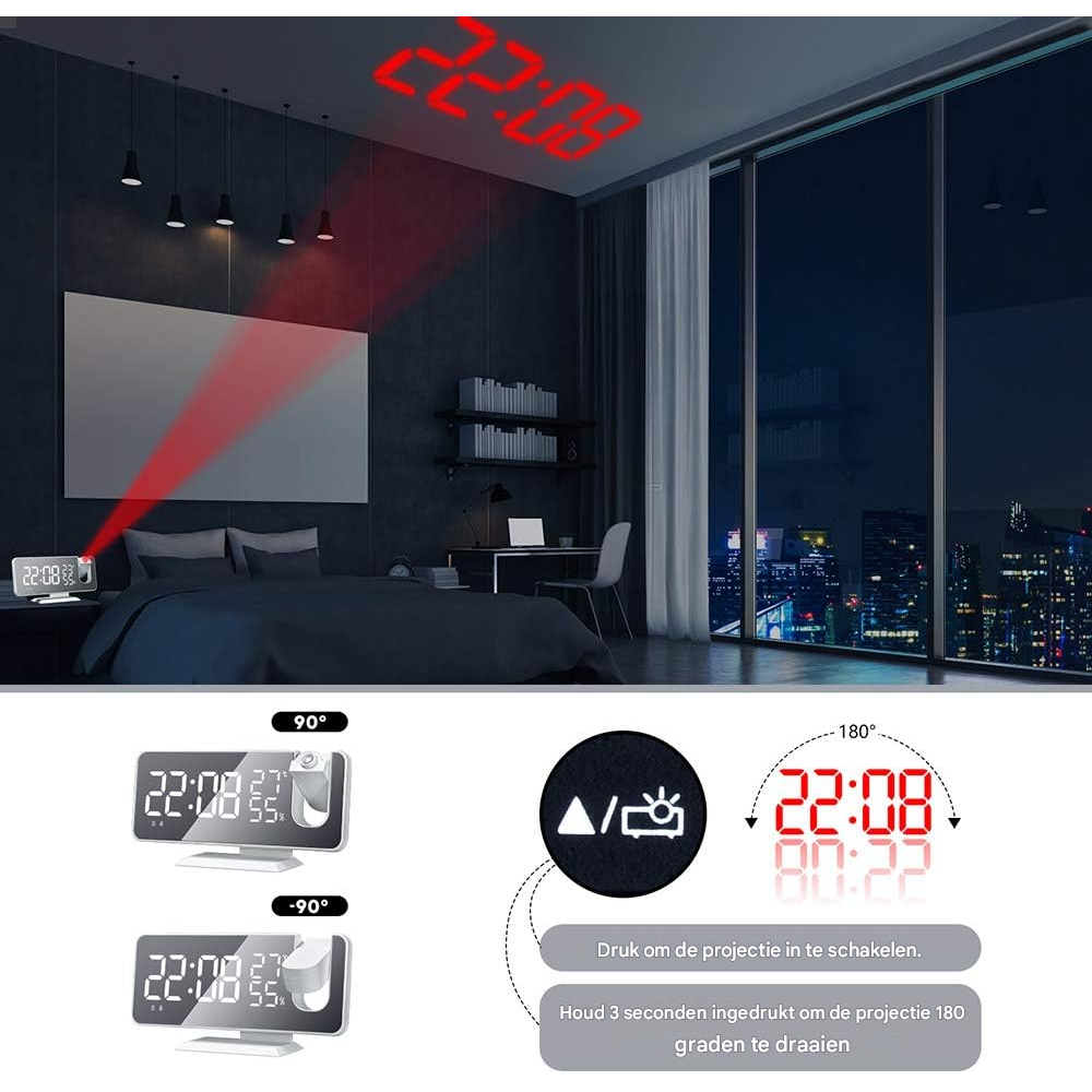 Digitaluhr projiziert rote Zeit 22:08 an Decke und Wand über Bett.