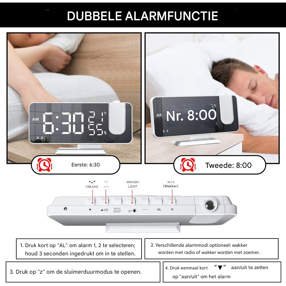 Digitaluhr mit zwei Alarmen: 6:30 und 8:00, mit Bedienelementen unten.