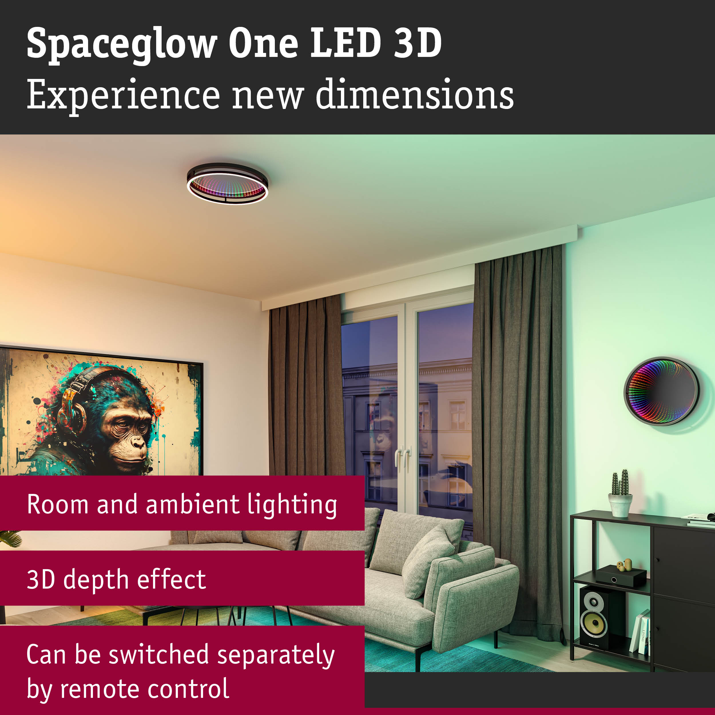 Nowoczesny salon z lampą sufitową LED, dziełem sztuki i sofą.