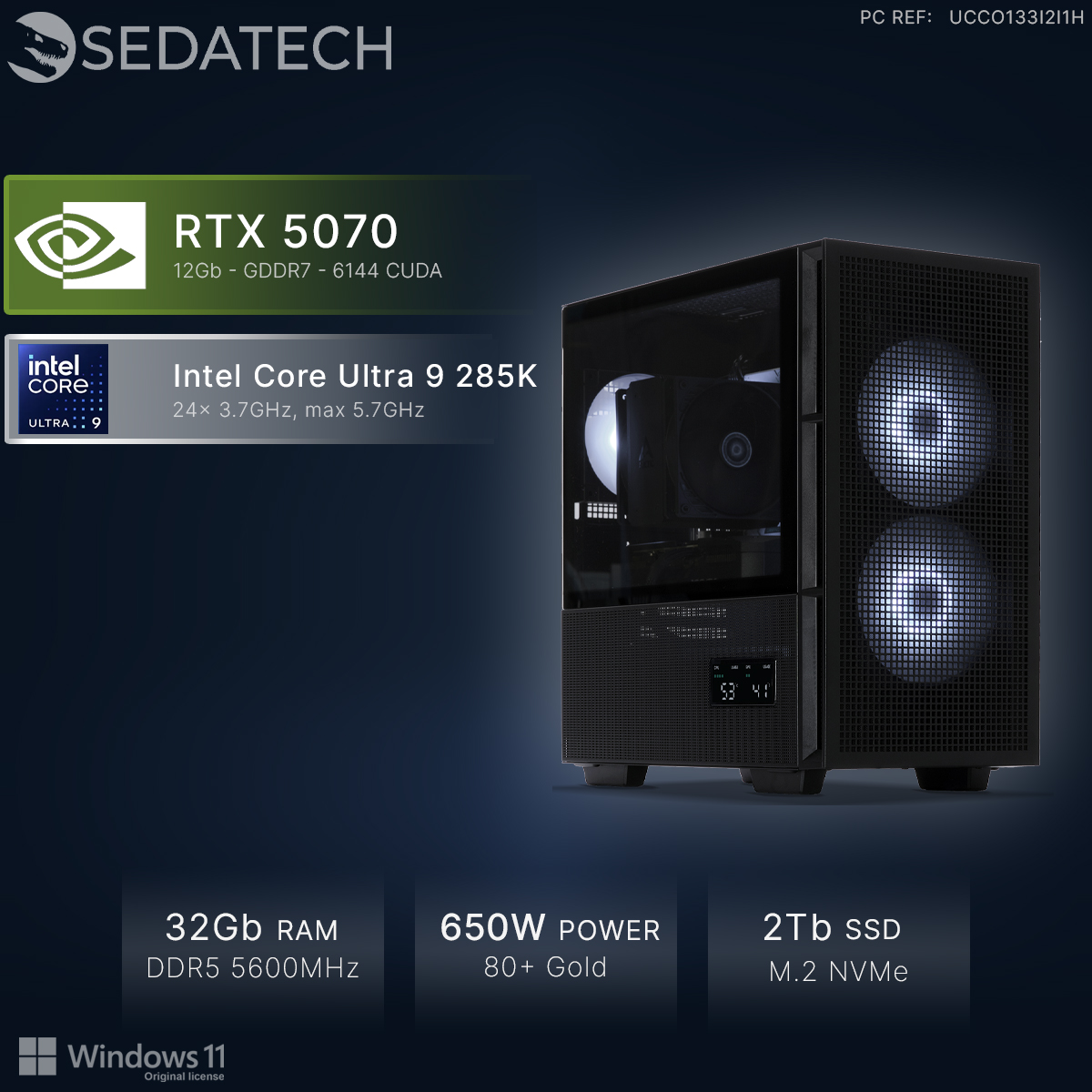 Gaming-PC mit RTX 5070, Intel Core Ultra 9, 32GB RAM, 650W, 2TB SSD.