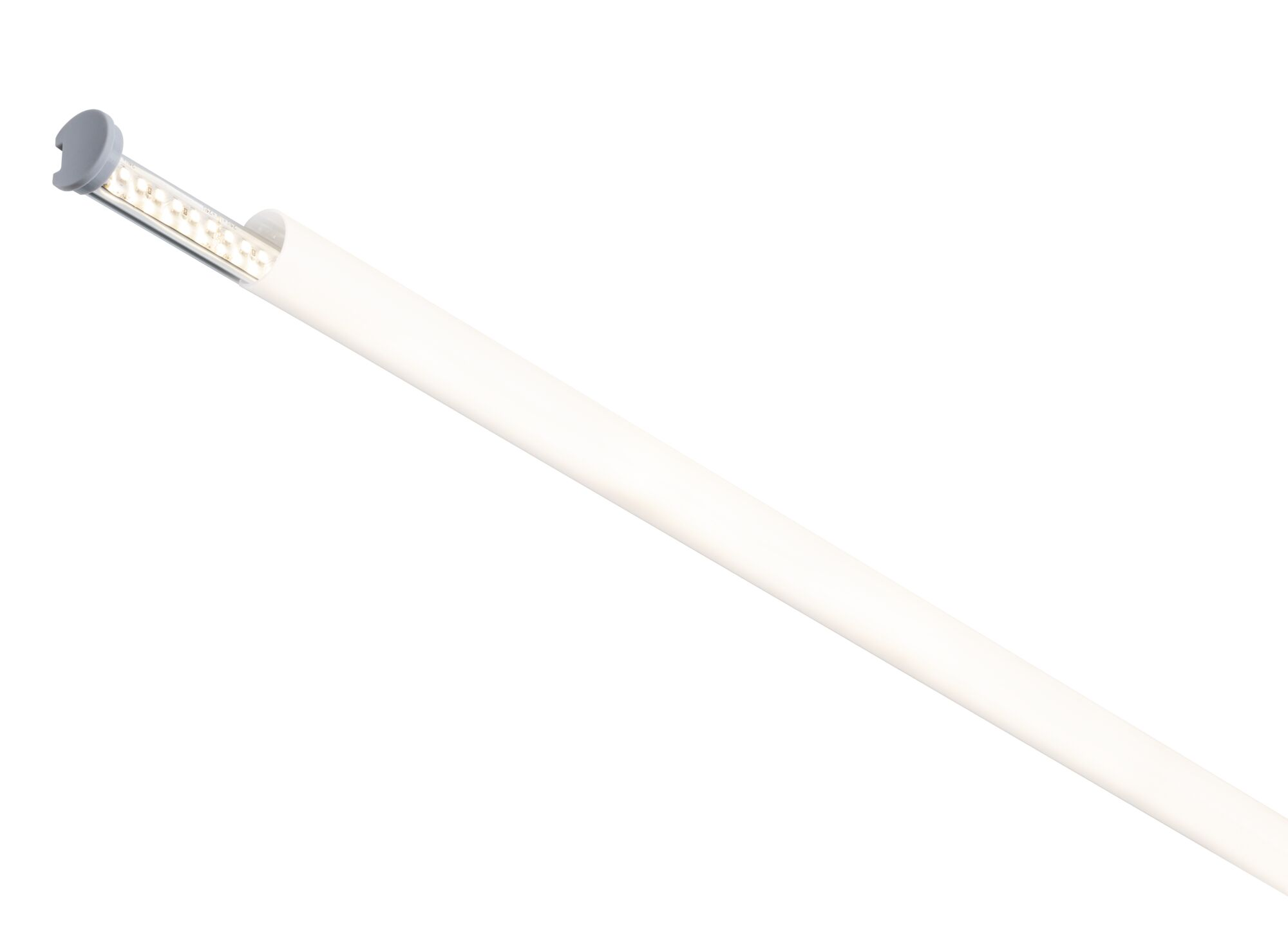 Biała taśma LED w tubie z szarym zakończeniem.