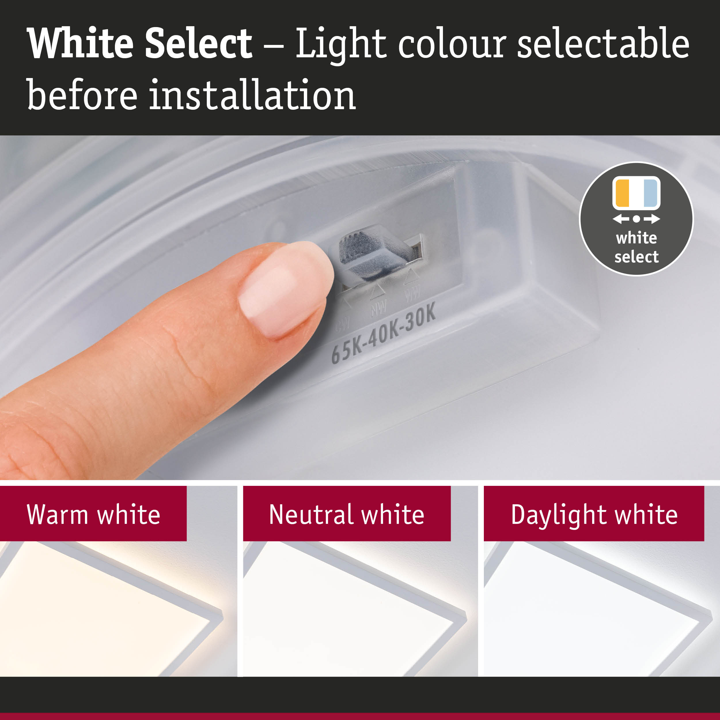 Palec reguluje przełącznik koloru światła. Poniżej pokazano trzy kolory.