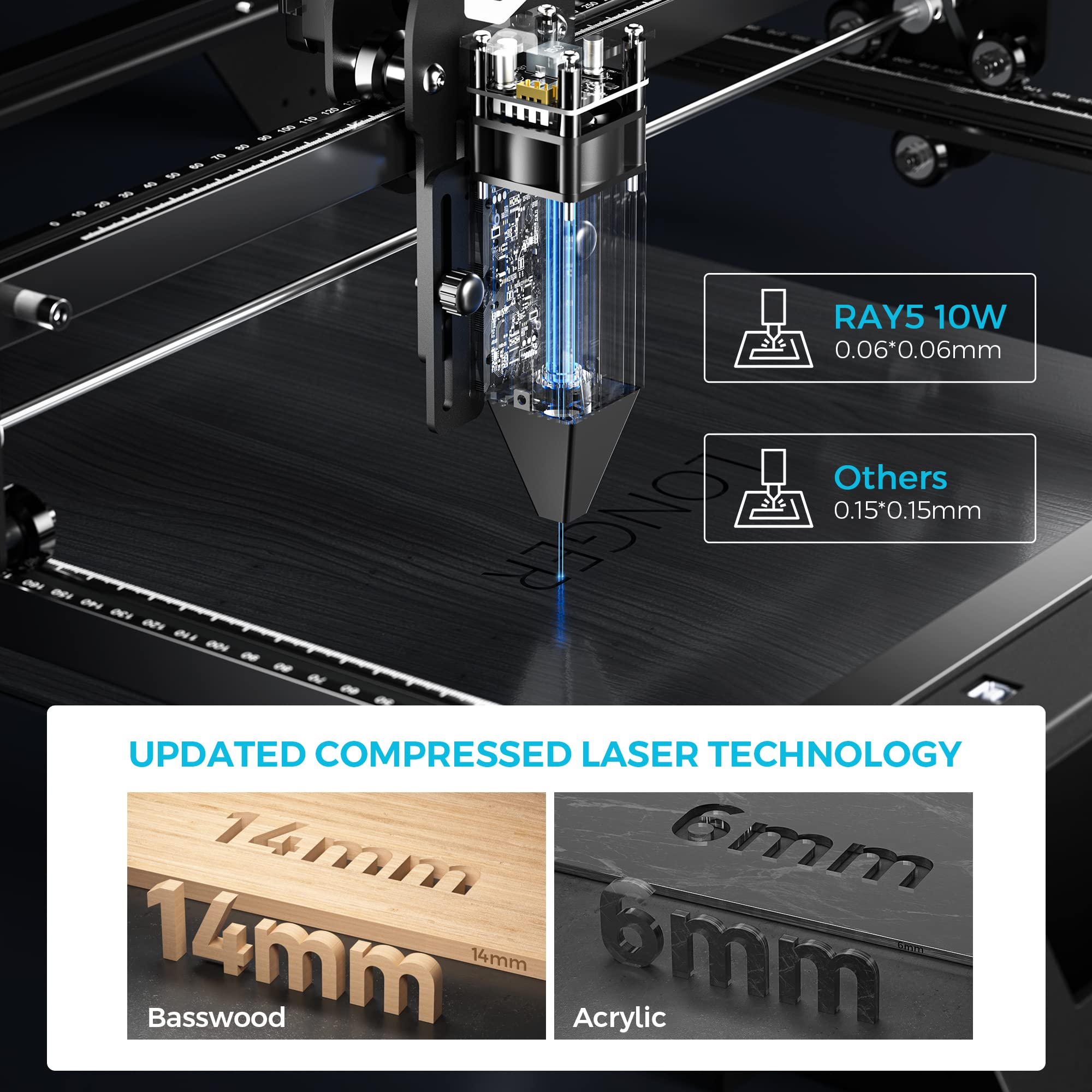 Lasergravurmaschine mit blauer Laserstrahltechnologie, die Holz und Acryl graviert.