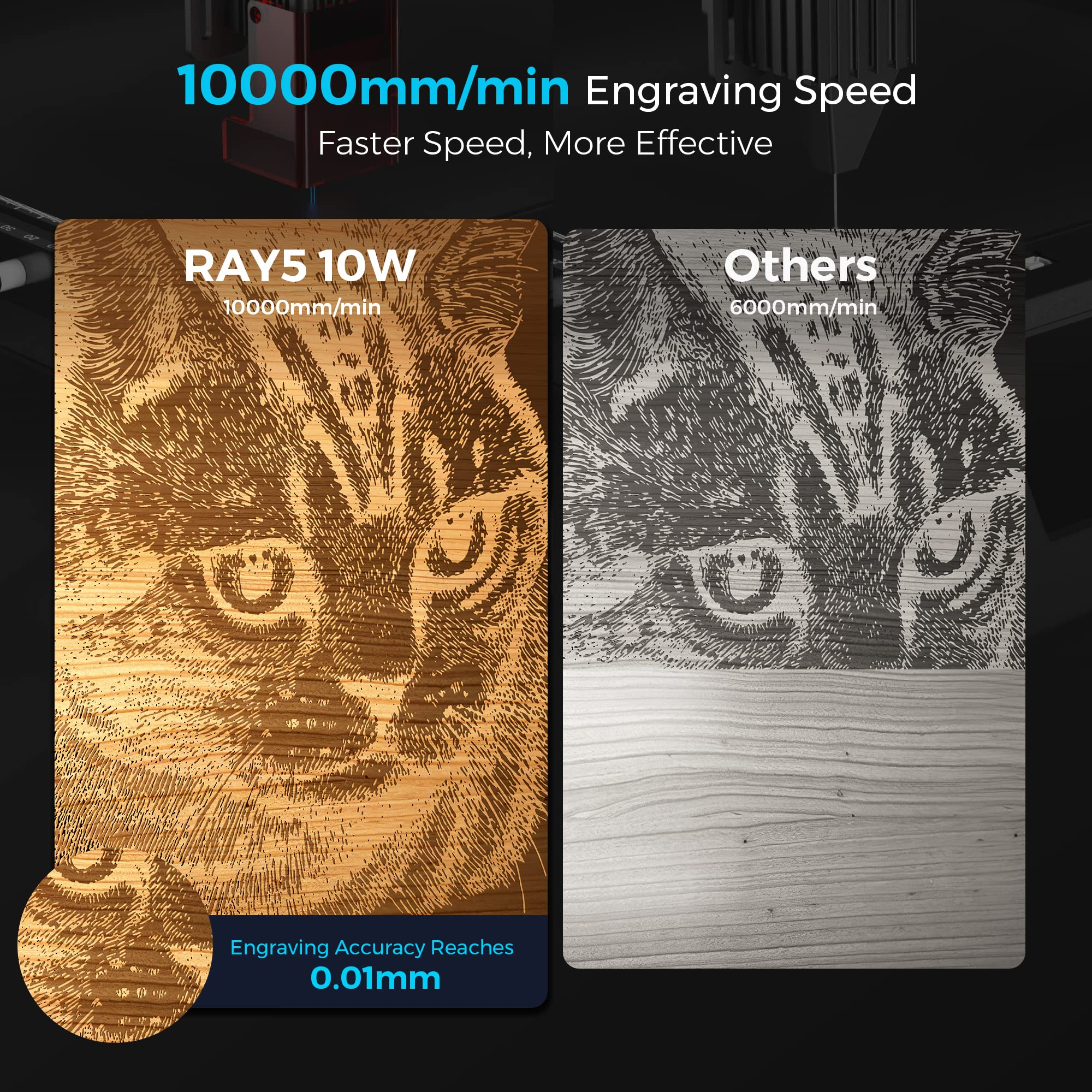 Vergleich von Gravuren: RAY5 10W bei 10000mm/min vs. andere bei 6000mm/min.