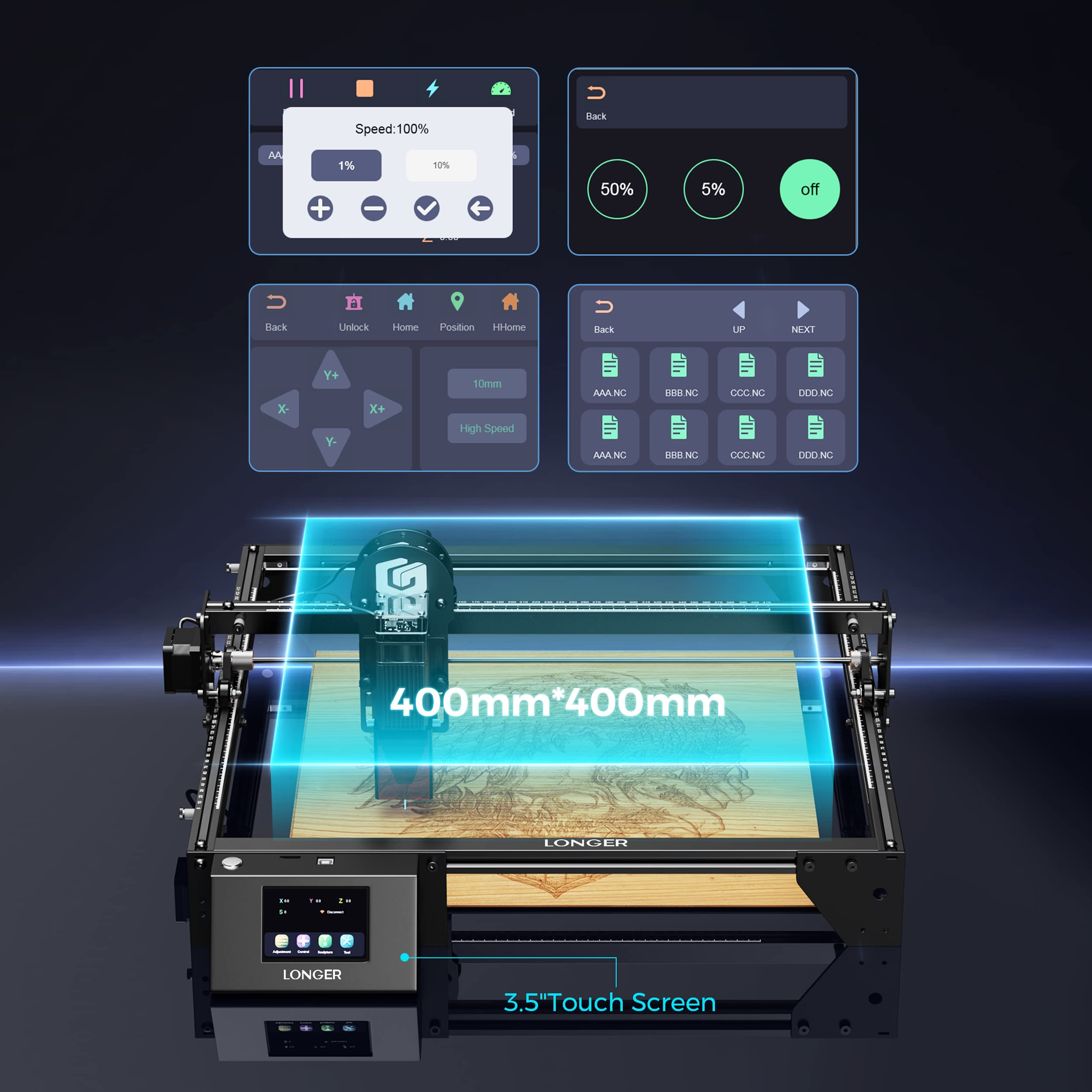 Lasergravurmaschine mit 400x400mm Arbeitsbereich und Touchscreen-Steuerung.