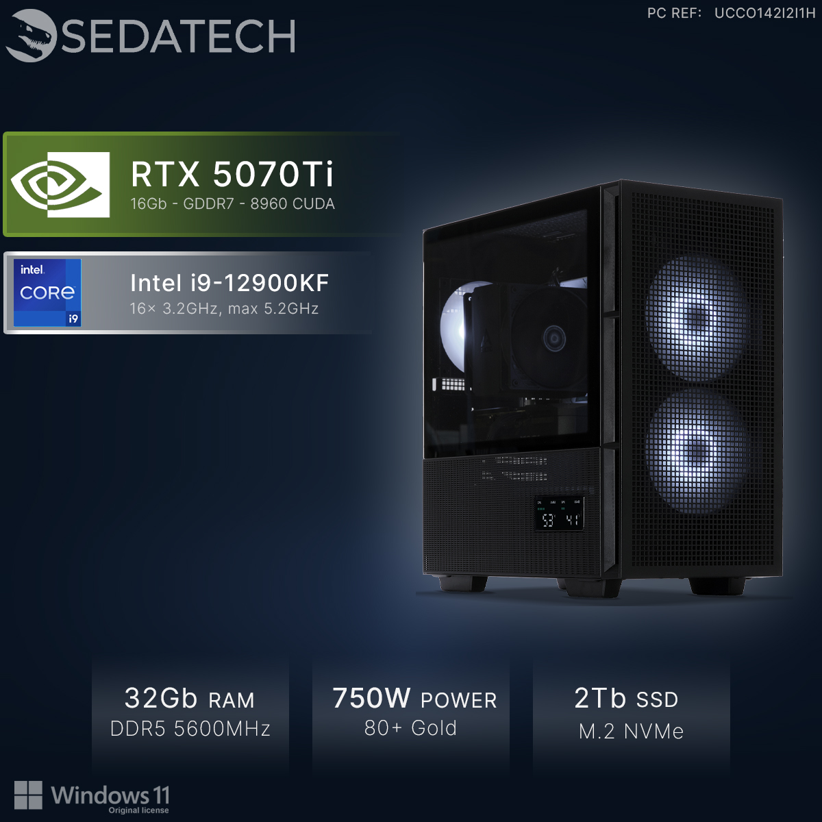 Un PC nero con RTX 5070Ti, Intel i9, 32GB RAM, 750W, SSD 2TB.