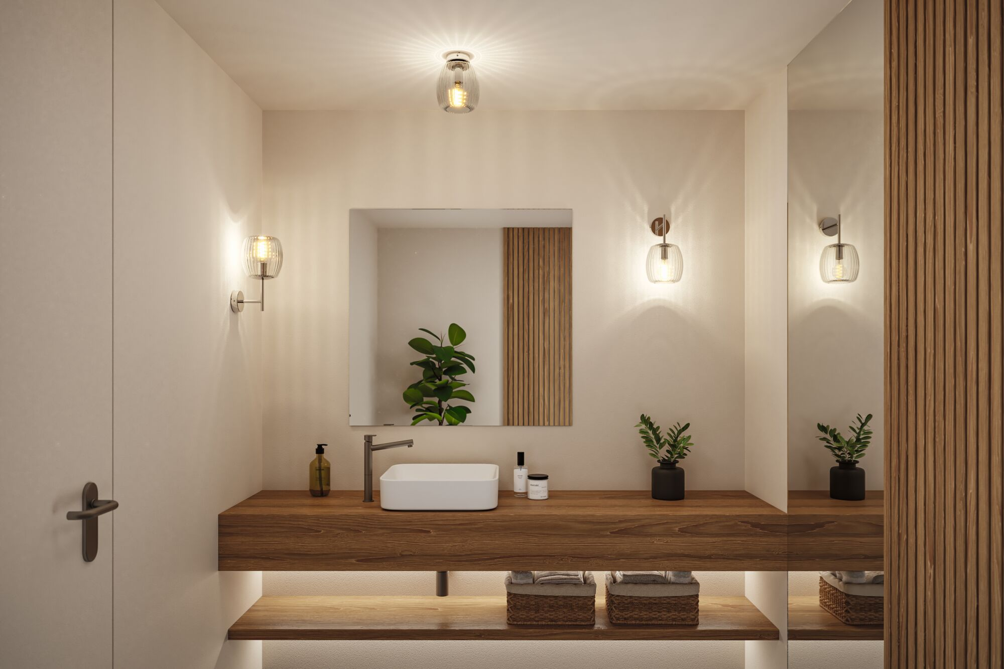 Ein modernes Badezimmer mit Holzakzenten, einem weißen Waschbecken, Spiegel und Pflanzen.