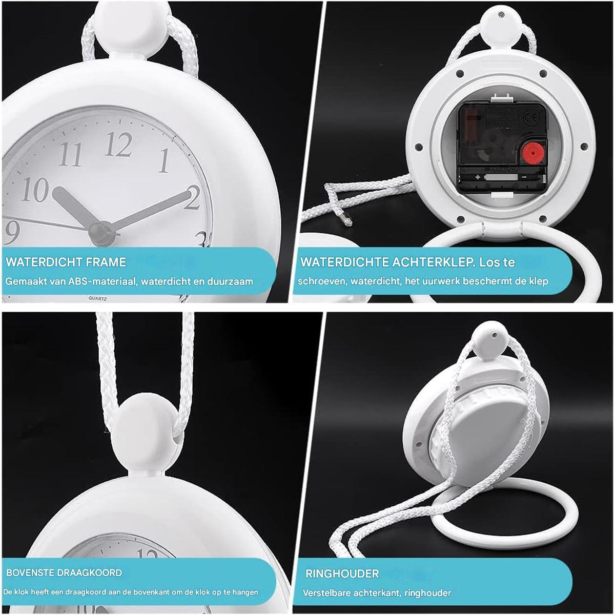 Weiße Uhr mit Zifferblatt, Rückseite, Aufhängung und Ringhalter.