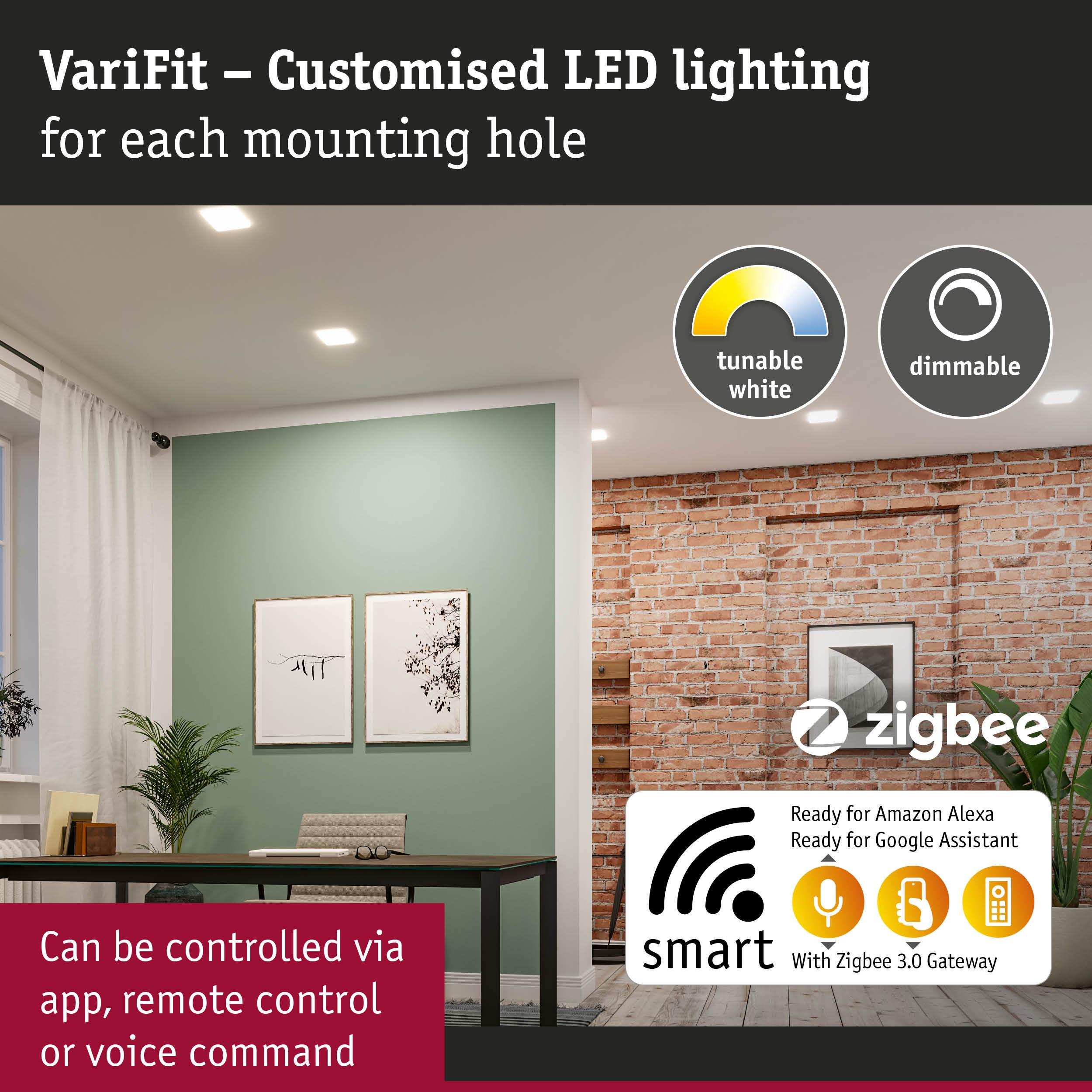 Biuro z diodami LED VariFit, ceglaną ścianą, sztuką i ikonami smart home.