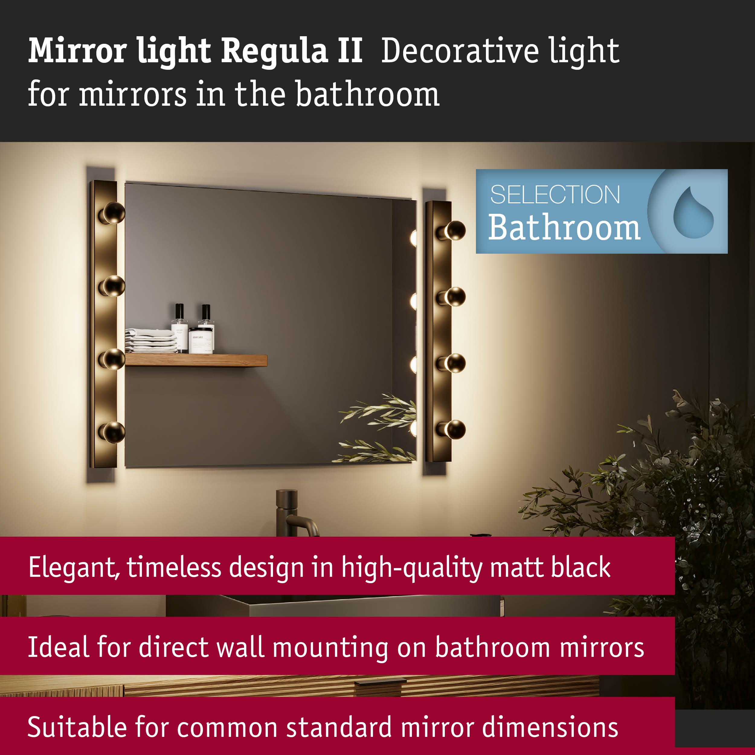 Oświetlenie lustra łazienkowego z matowymi czarnymi lampami i lustrem.