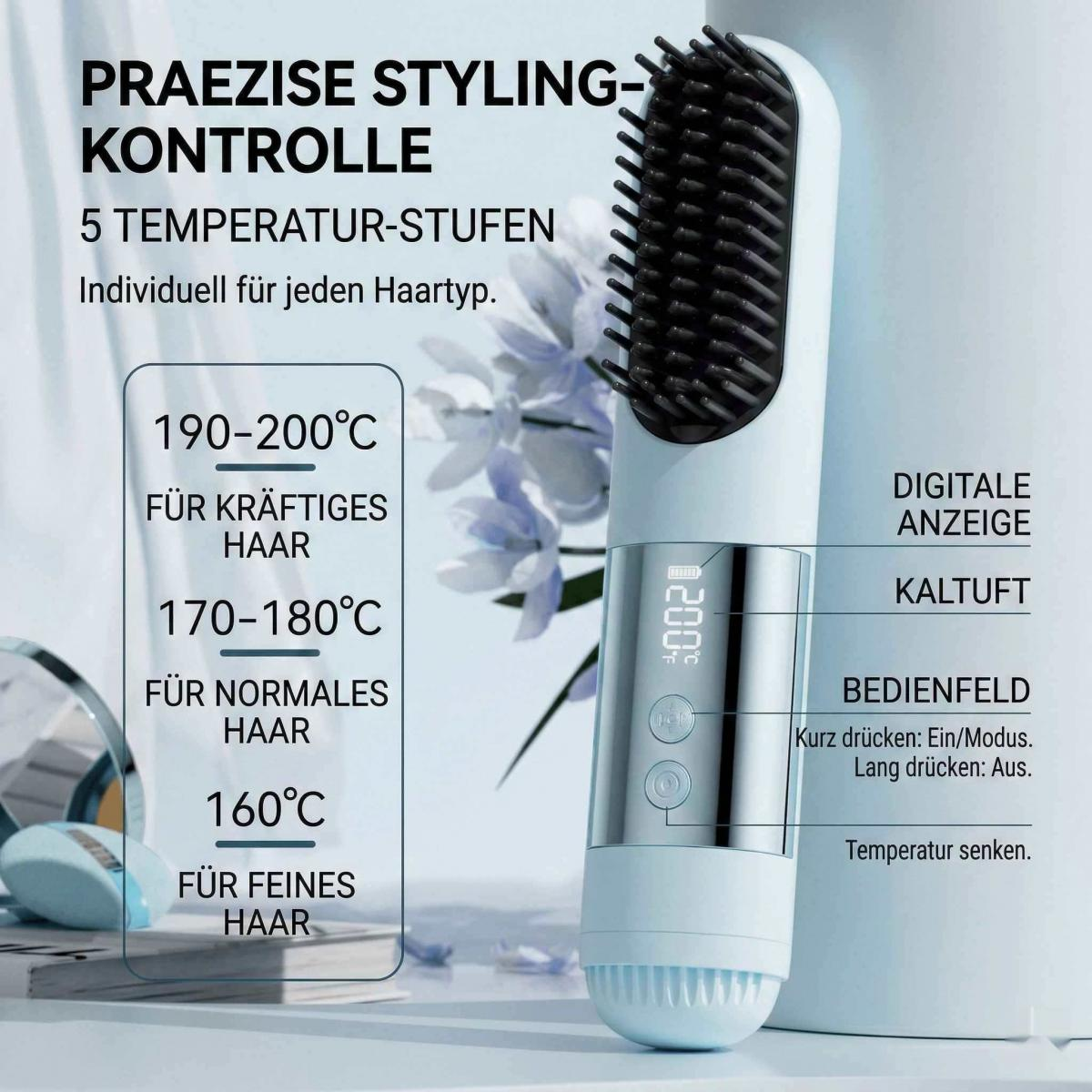 Ein hellblaues Stylinggerät mit schwarzem Kamm und digitaler Anzeige. Es zeigt Temperaturen für verschiedene Haartypen.
