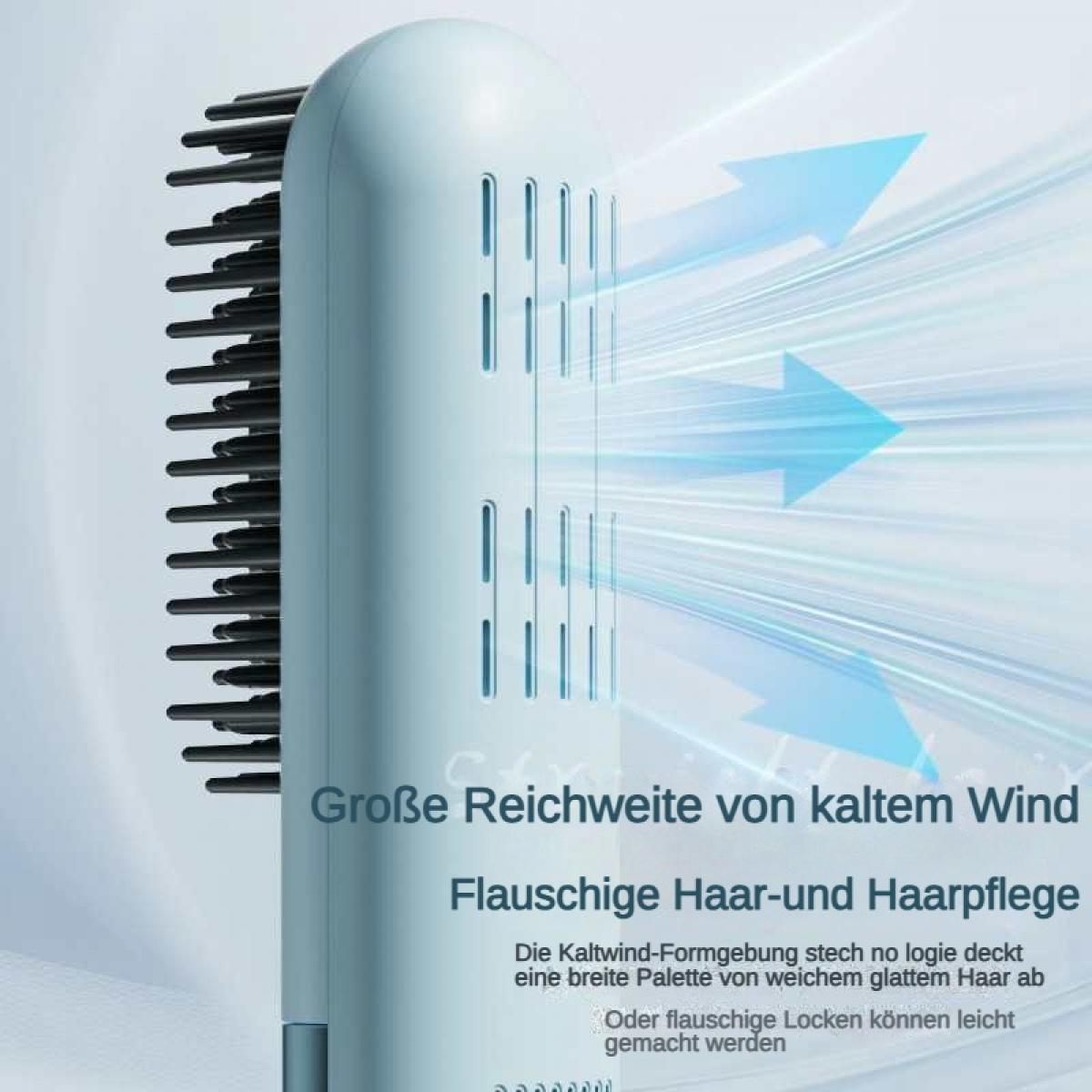Ein blaues Haarpflegegerät mit schwarzen Borsten und Luftstrompfeilen.
