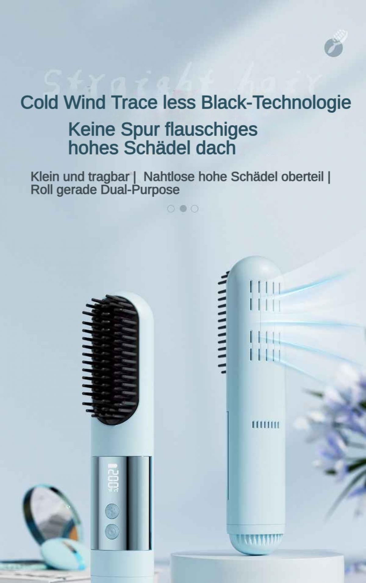 Zwei hellblaue Haarglätter, einer mit Kammaufsatz und Display, der andere mit Luftstrom.