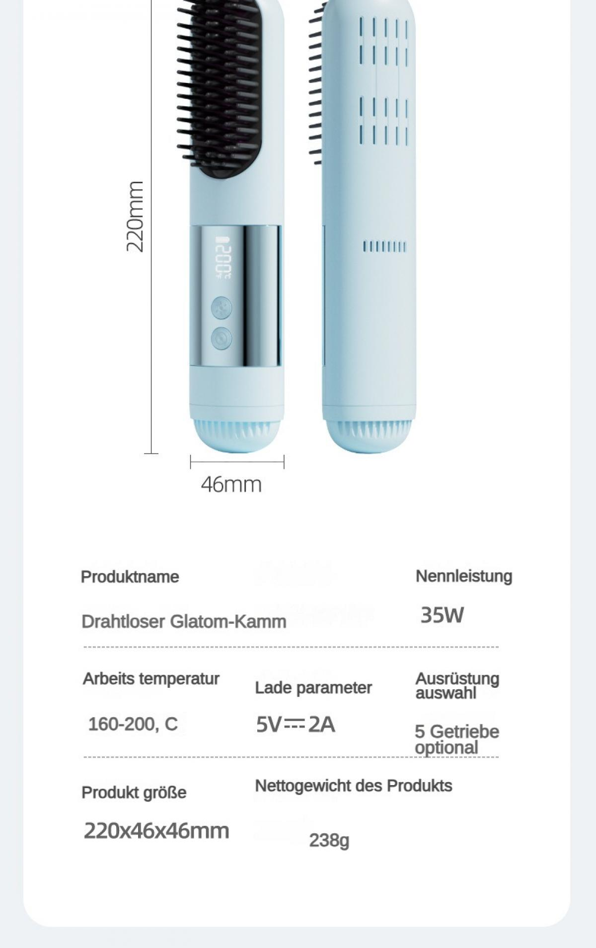 Ein blaues Glätteisenkamm-Gerät mit digitalen Bedienelementen und Temperaturanzeige.