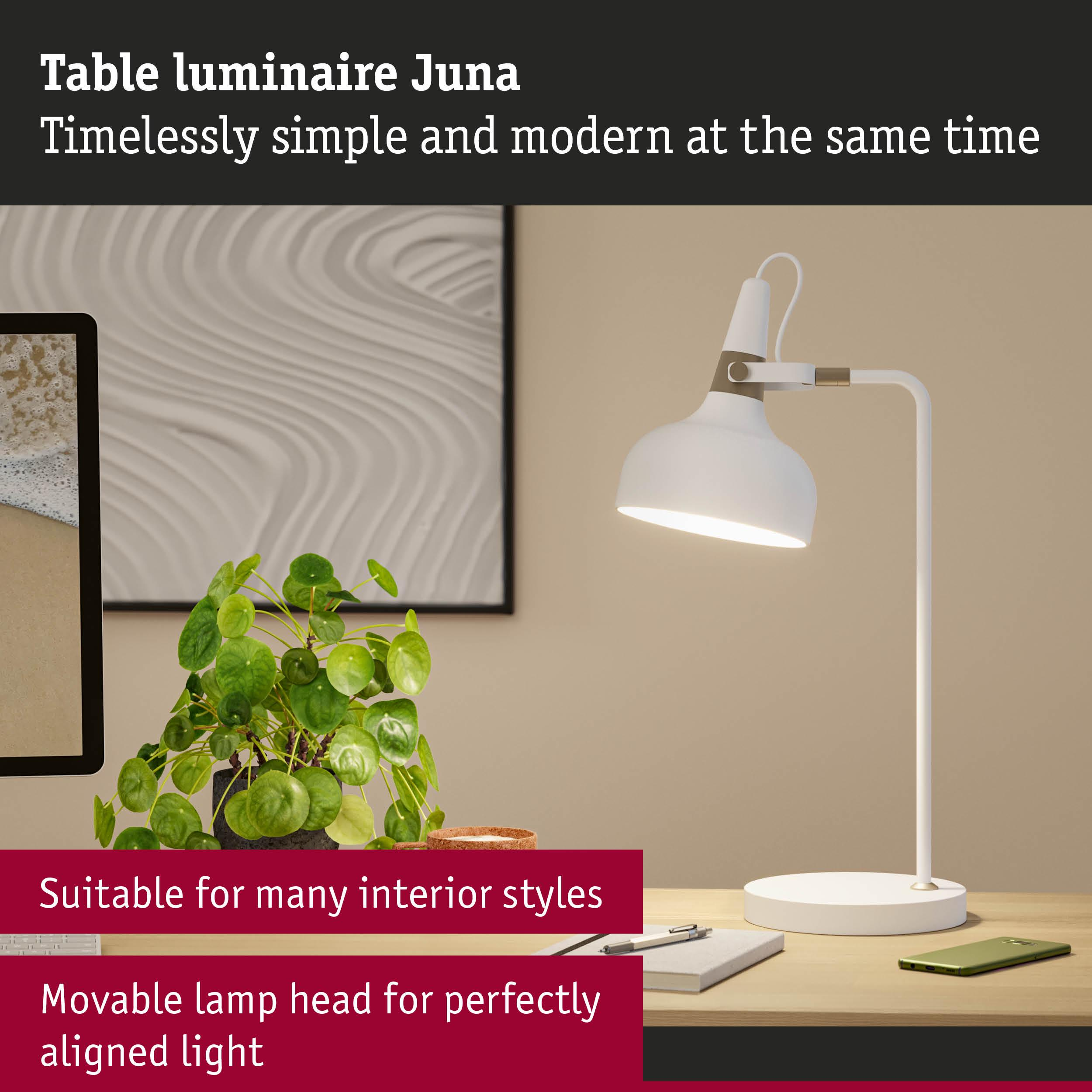 Biała lampa biurkowa stoi na drewnianym stole obok rośliny i książki.