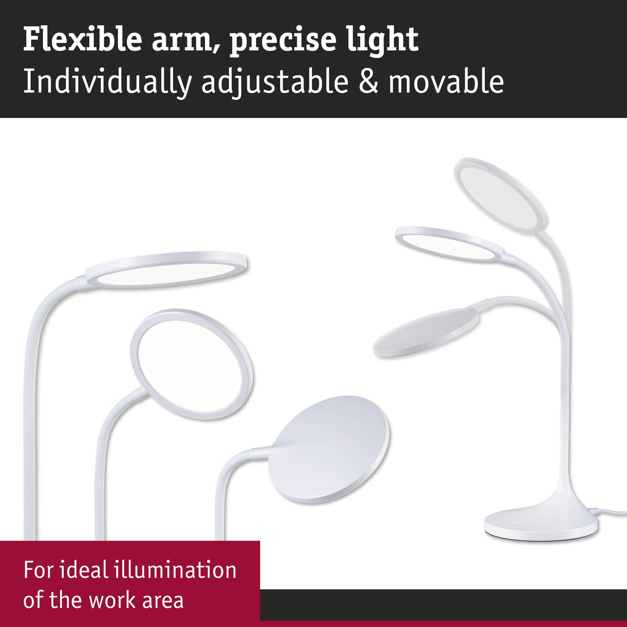 Białe lampki biurkowe z elastycznymi ramionami i okrągłymi światłami.