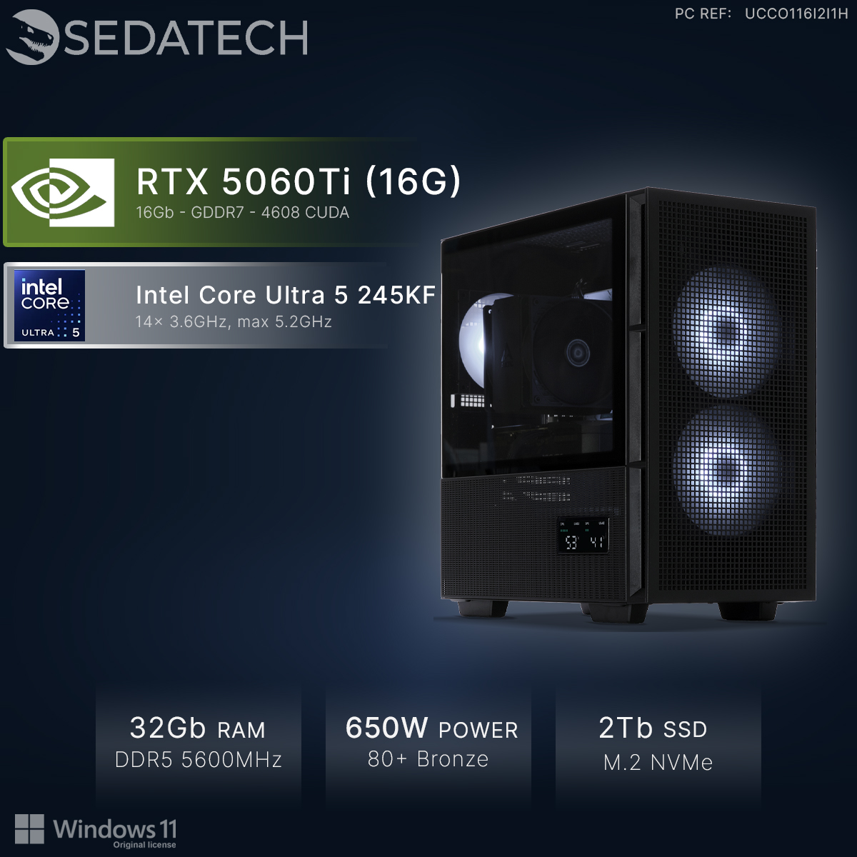 Ein schwarzer PC mit beleuchteten Lüftern. Spezifikationen: RTX 5060Ti, Intel Core Ultra 5, 32GB RAM, 650W Netzteil, 2TB SSD.