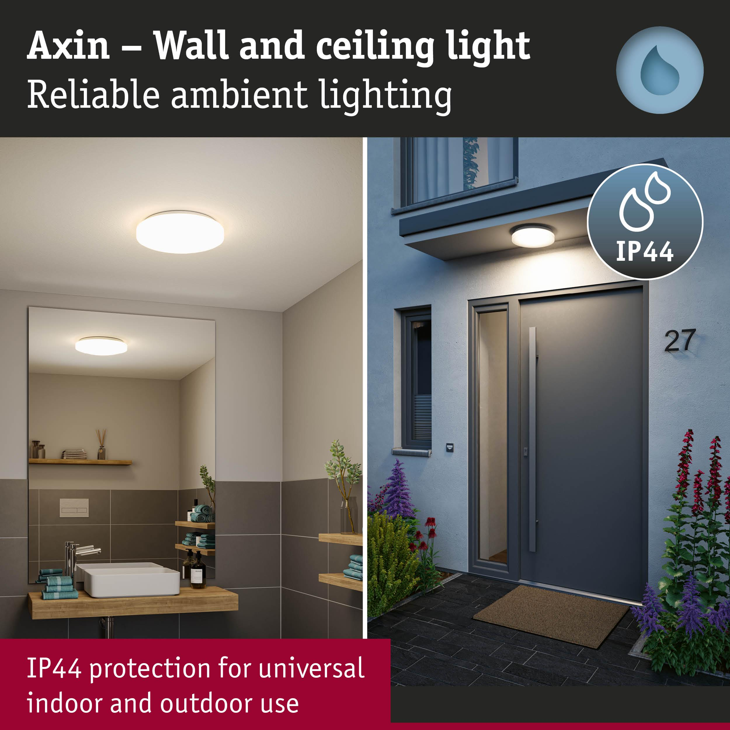 Plafonnier Axin, indice IP44 pour intérieur/extérieur.