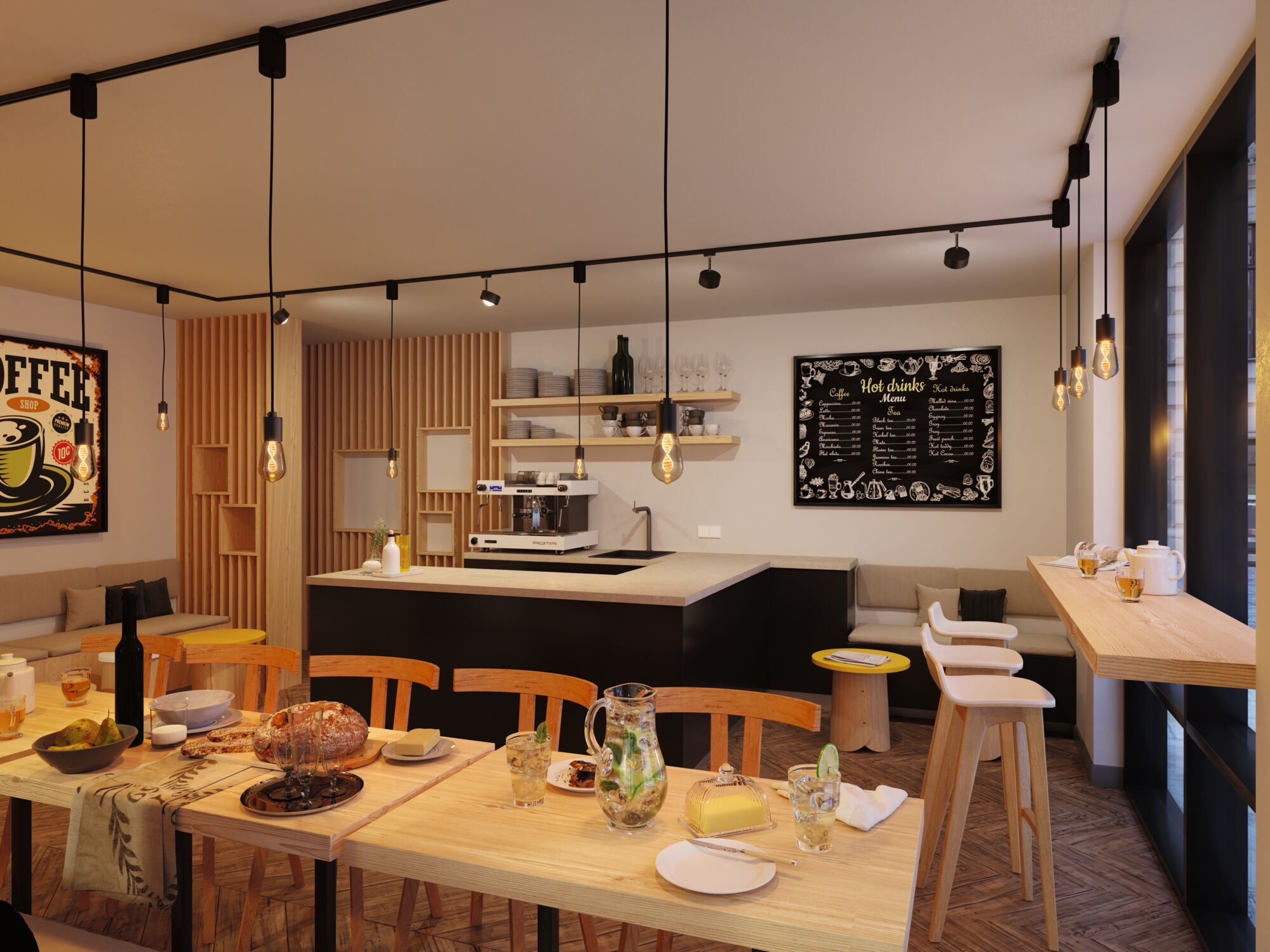 Ein Café mit Holztischen, Stühlen und einer Bar. Ein Menü hängt an der Wand.