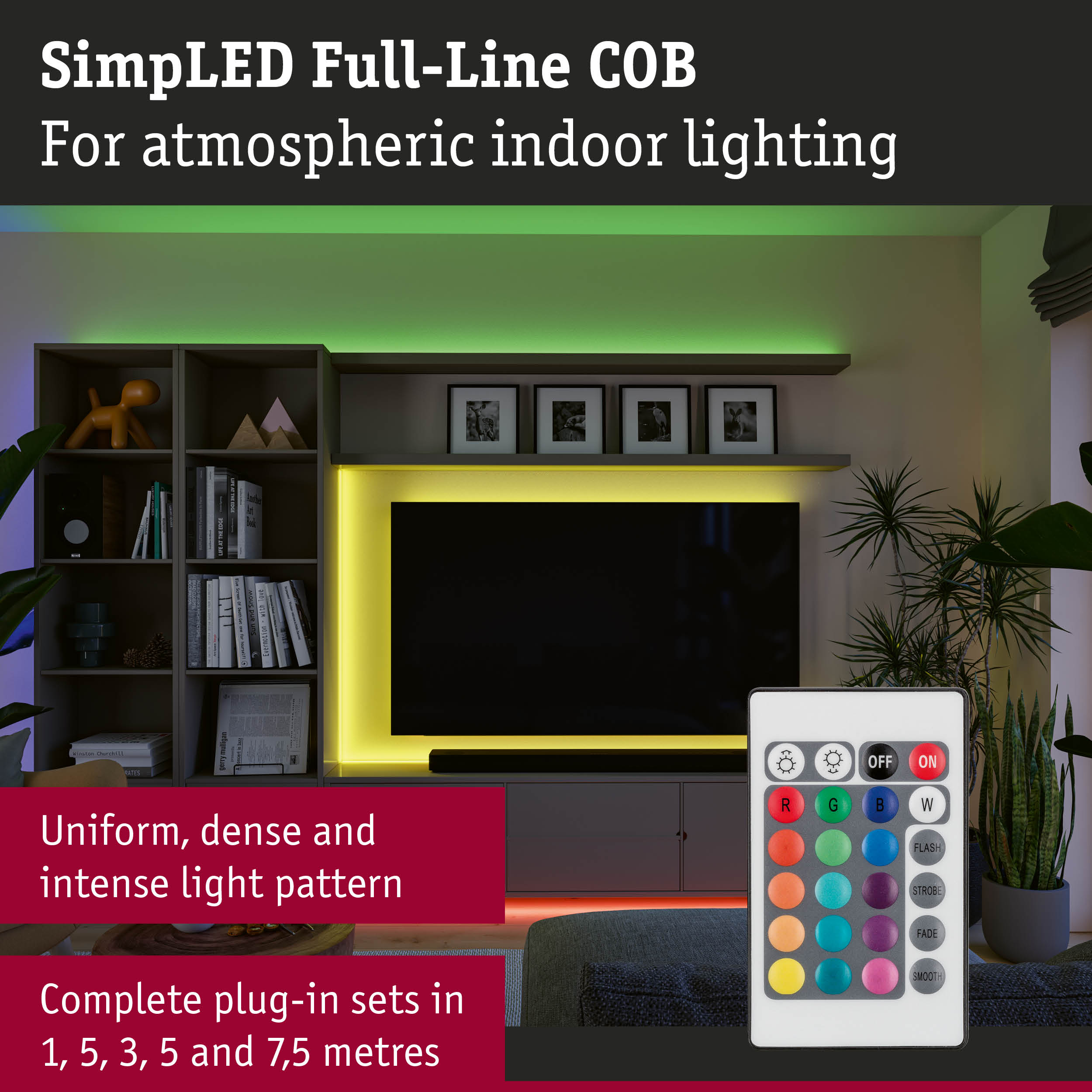 Taśmy LED oświetlają salon z telewizorem, półką i pilotem.