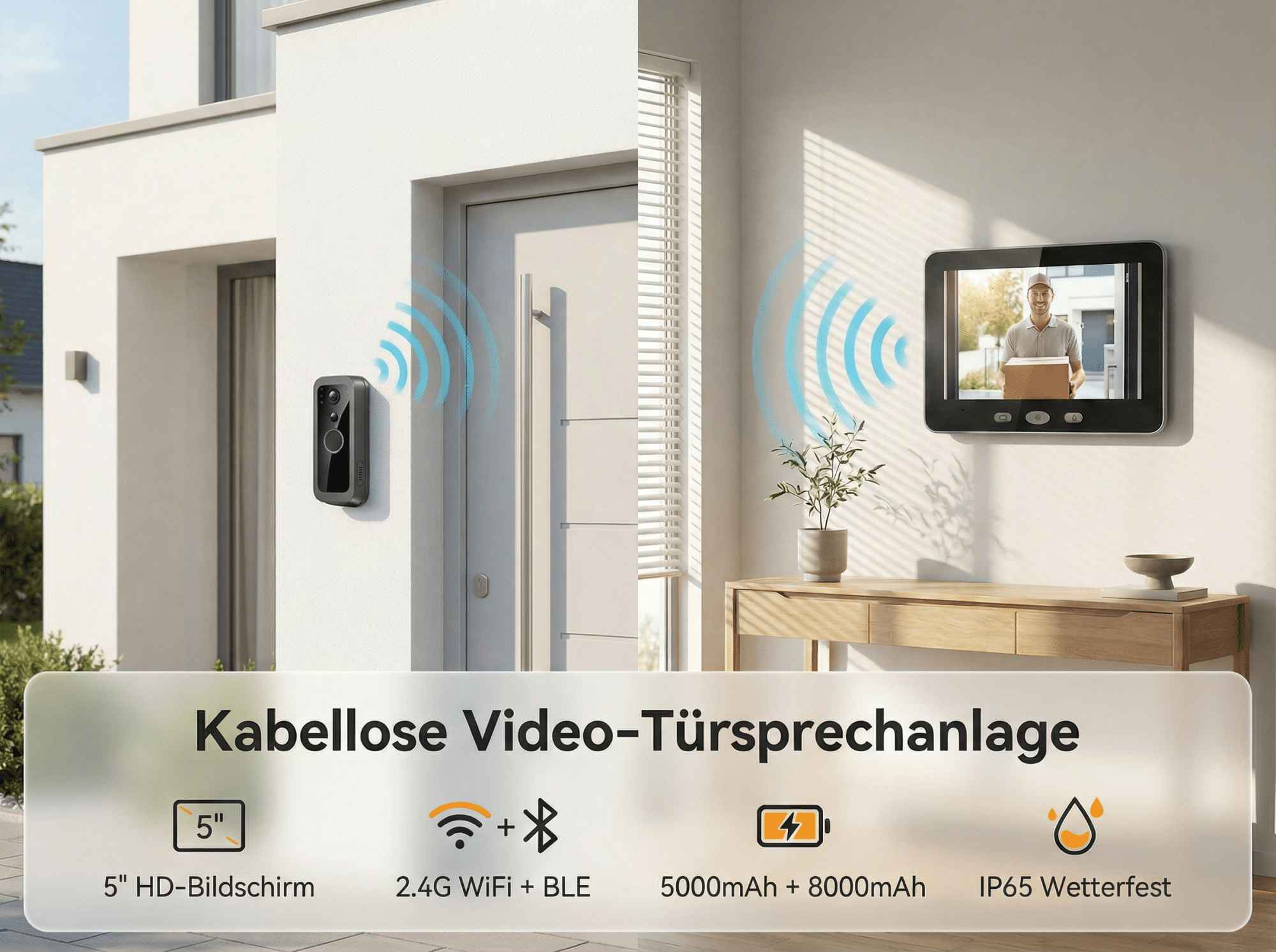 Türklingel mit Kamera und Bildschirm zeigt Mann mit Paket. 5" HD-Bildschirm.