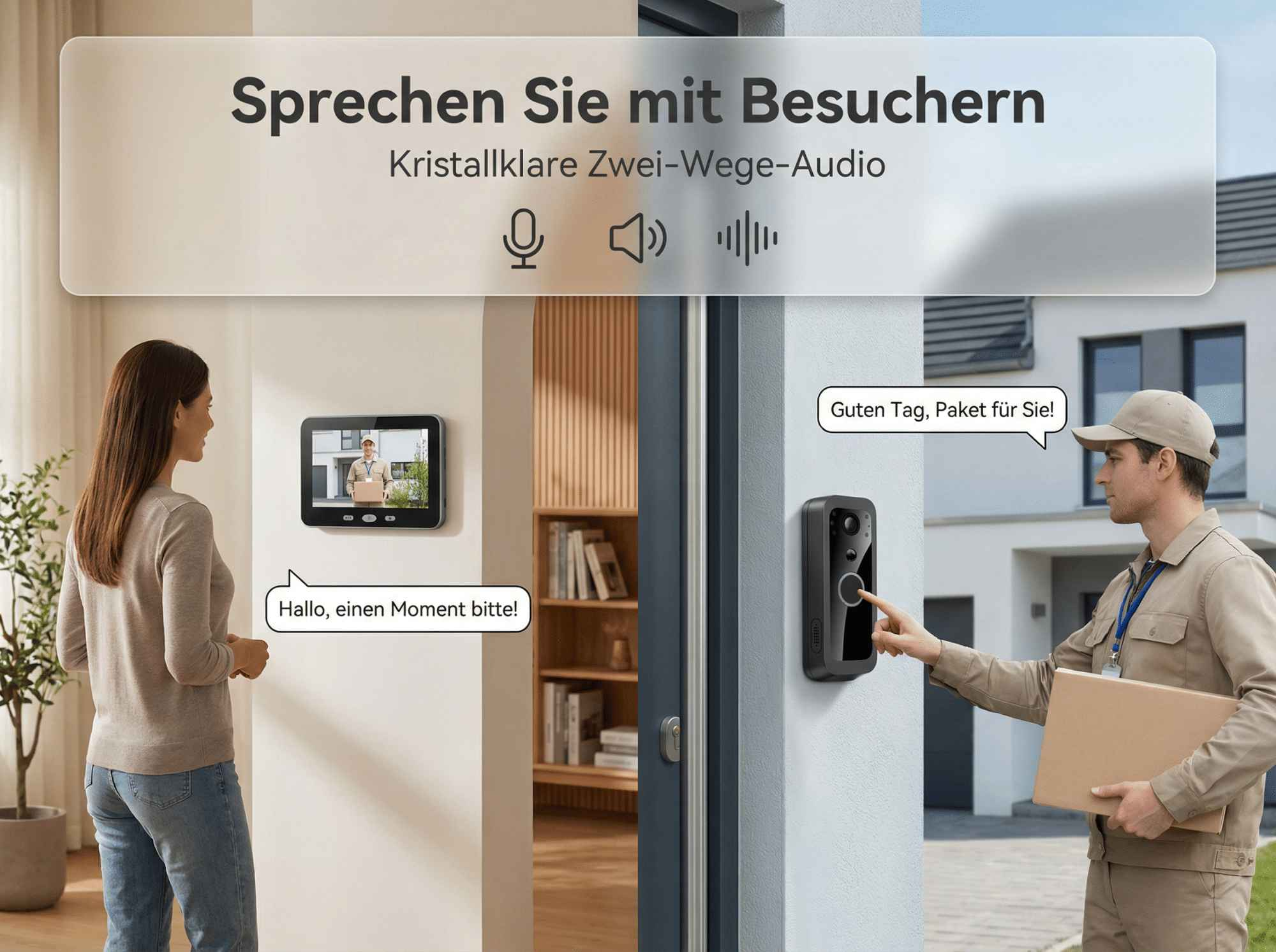 Ein Mann mit Paket drückt Türklingel, eine Frau drinnen spricht.