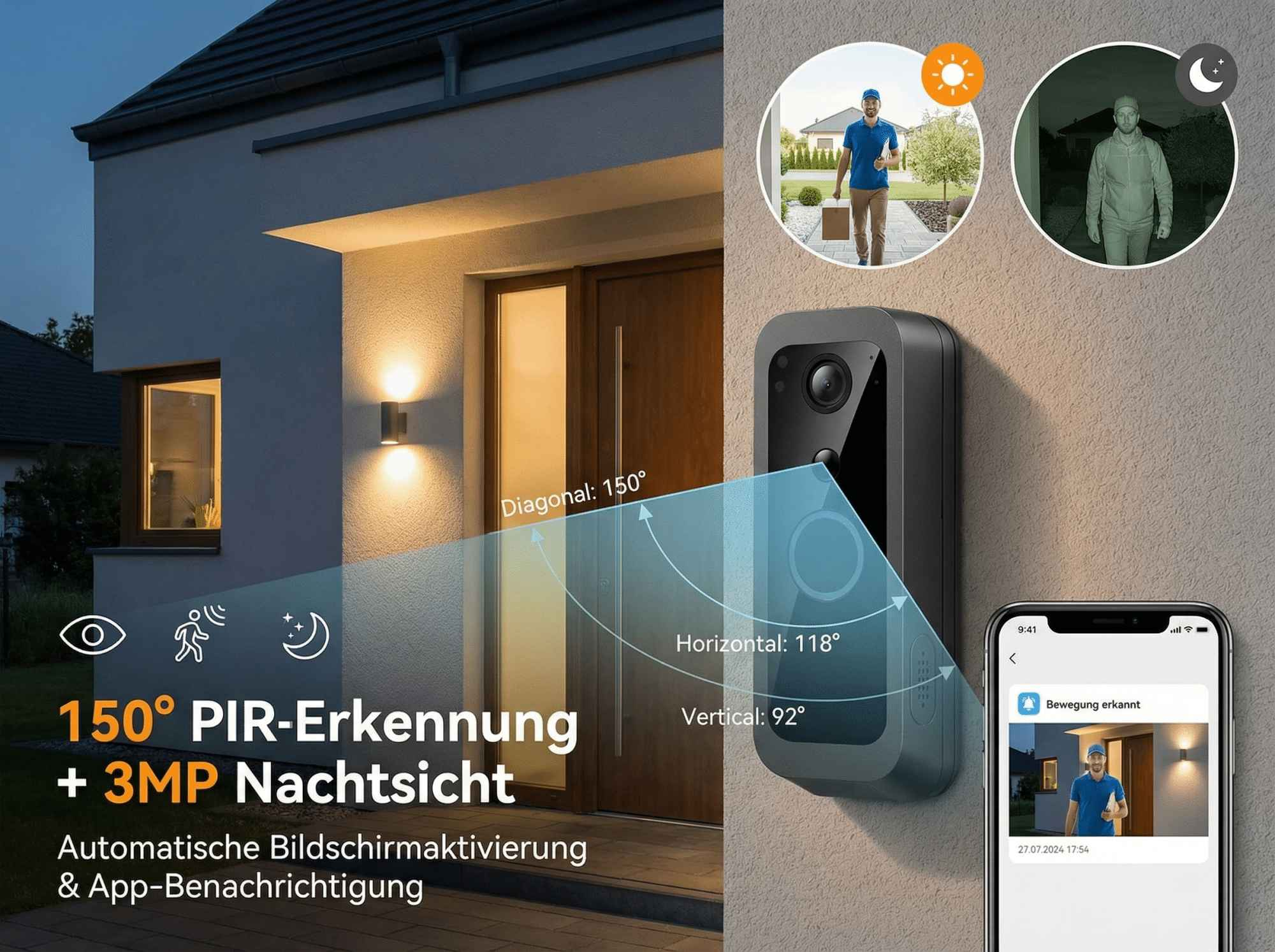 Überwachungskamera mit 150° Erfassung, Nachtsicht, Handy-App-Anzeige.