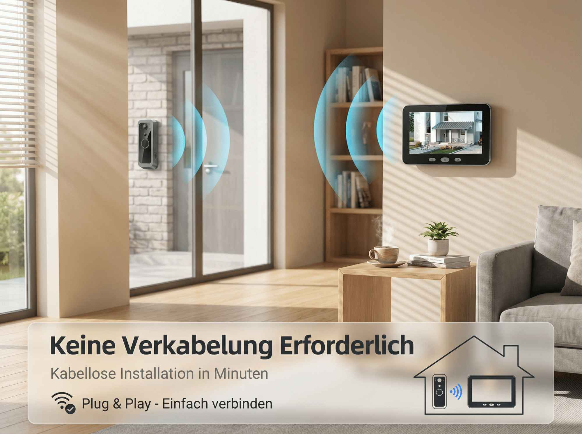 Türklingel mit Innenmonitor zeigt Hausansicht. Kabellos.