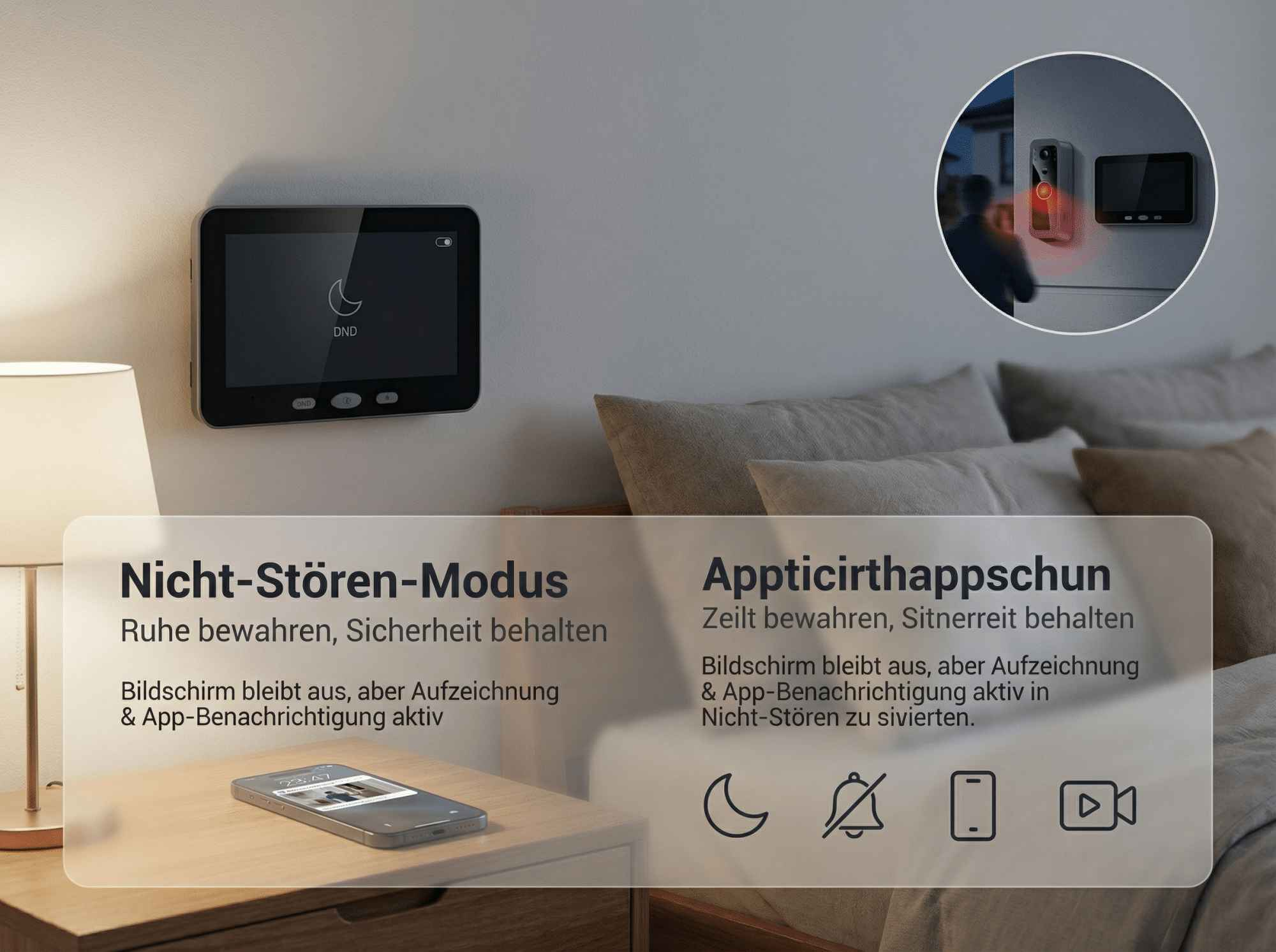 Ein Innenmonitor mit DND-Modus und eine Türklingelkamera mit einem Besucher.