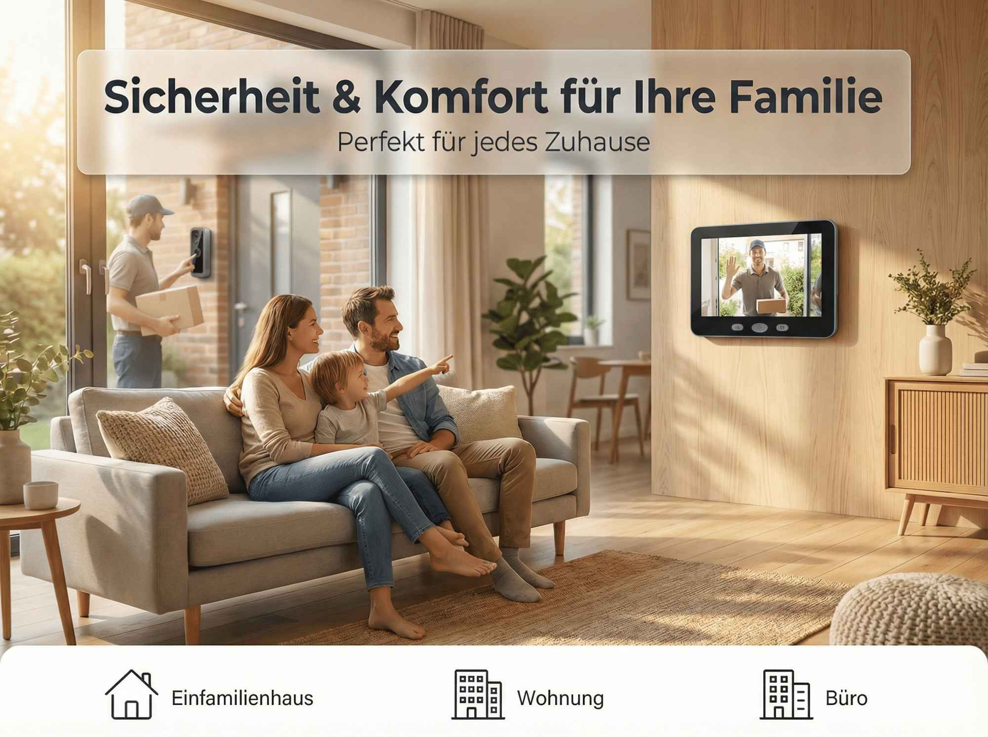 Familie sitzt auf Sofa, Videotürsprechanlage zeigt Lieferanten.