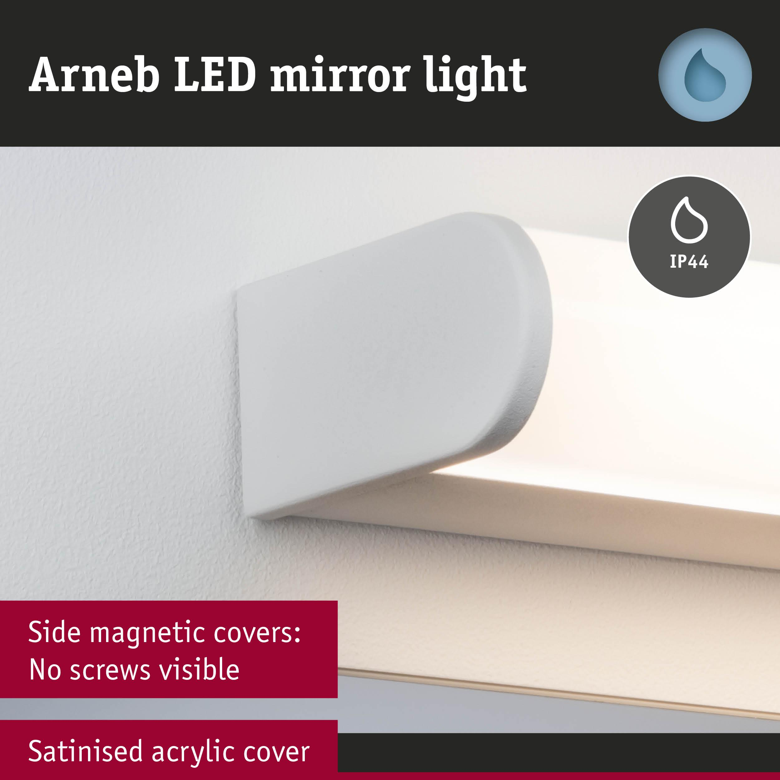Luce LED per specchio Arneb IP44. Coperture magnetiche laterali, viti non visibili.