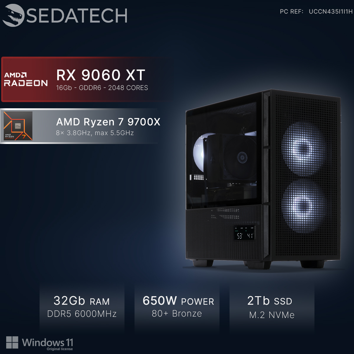 Czarny komputer z wentylatorami RGB, procesorem AMD Ryzen 7, kartą RX 9060 XT.