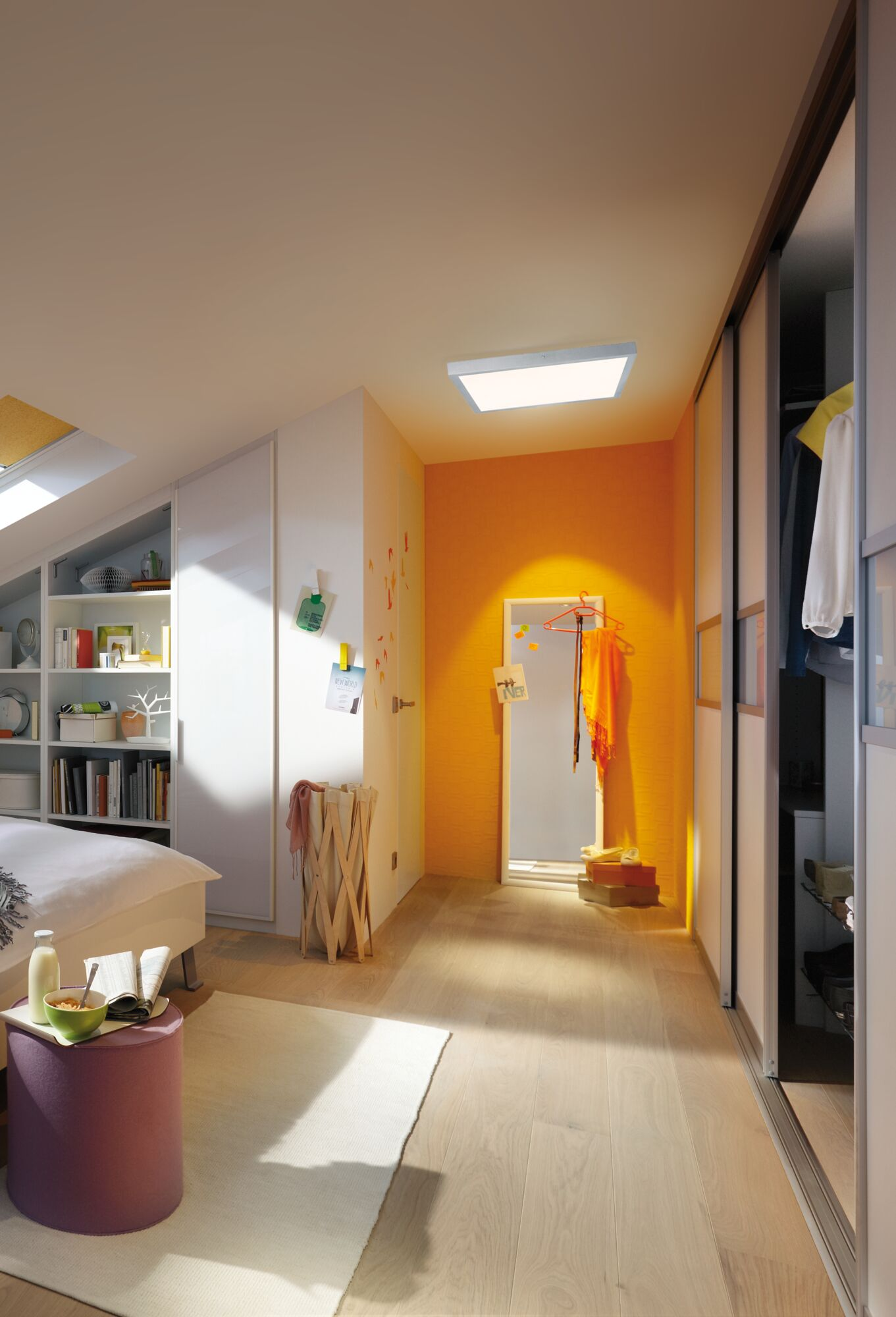 Ein Schlafzimmer mit einem Bett, einem Kleiderschrank und orangefarbenen Wänden.