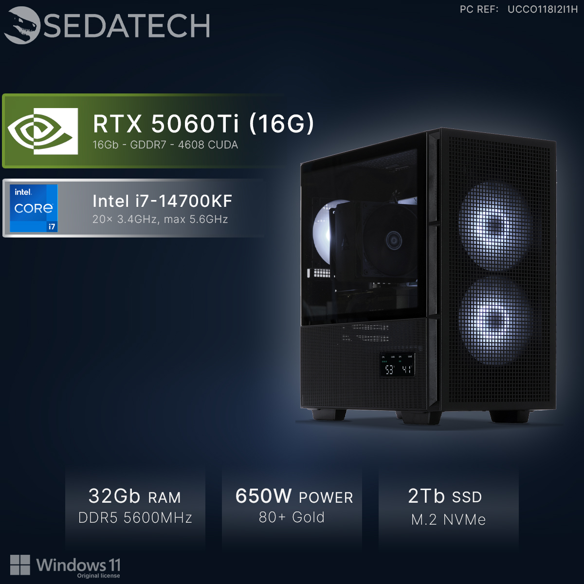 Ein schwarzer PC mit RTX 5060Ti, Intel i7, 32GB RAM, 650W Netzteil und 2TB SSD.