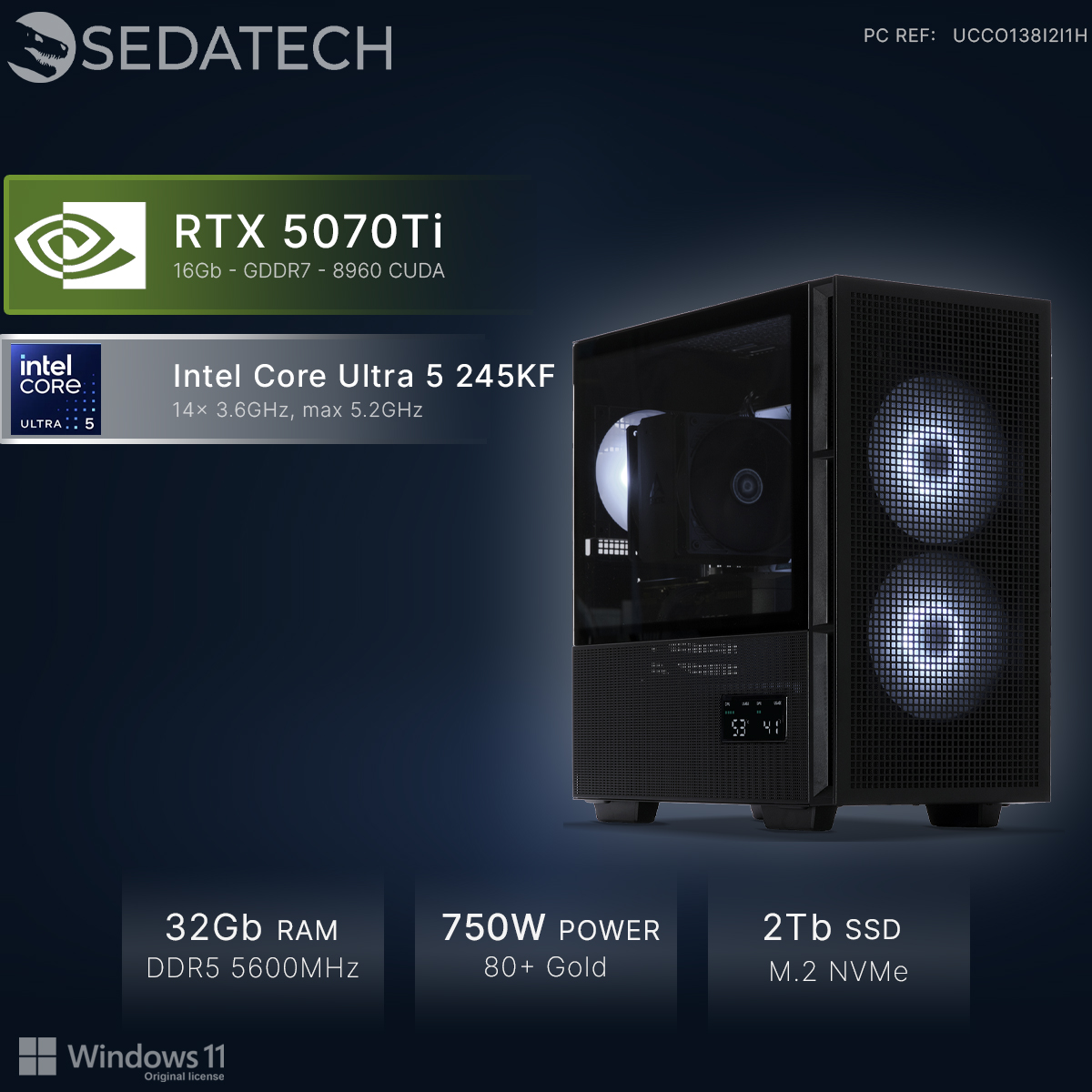 Ein schwarzer PC mit RTX 5070Ti, Intel Core Ultra 5, 32GB RAM, 750W Netzteil und 2TB SSD.