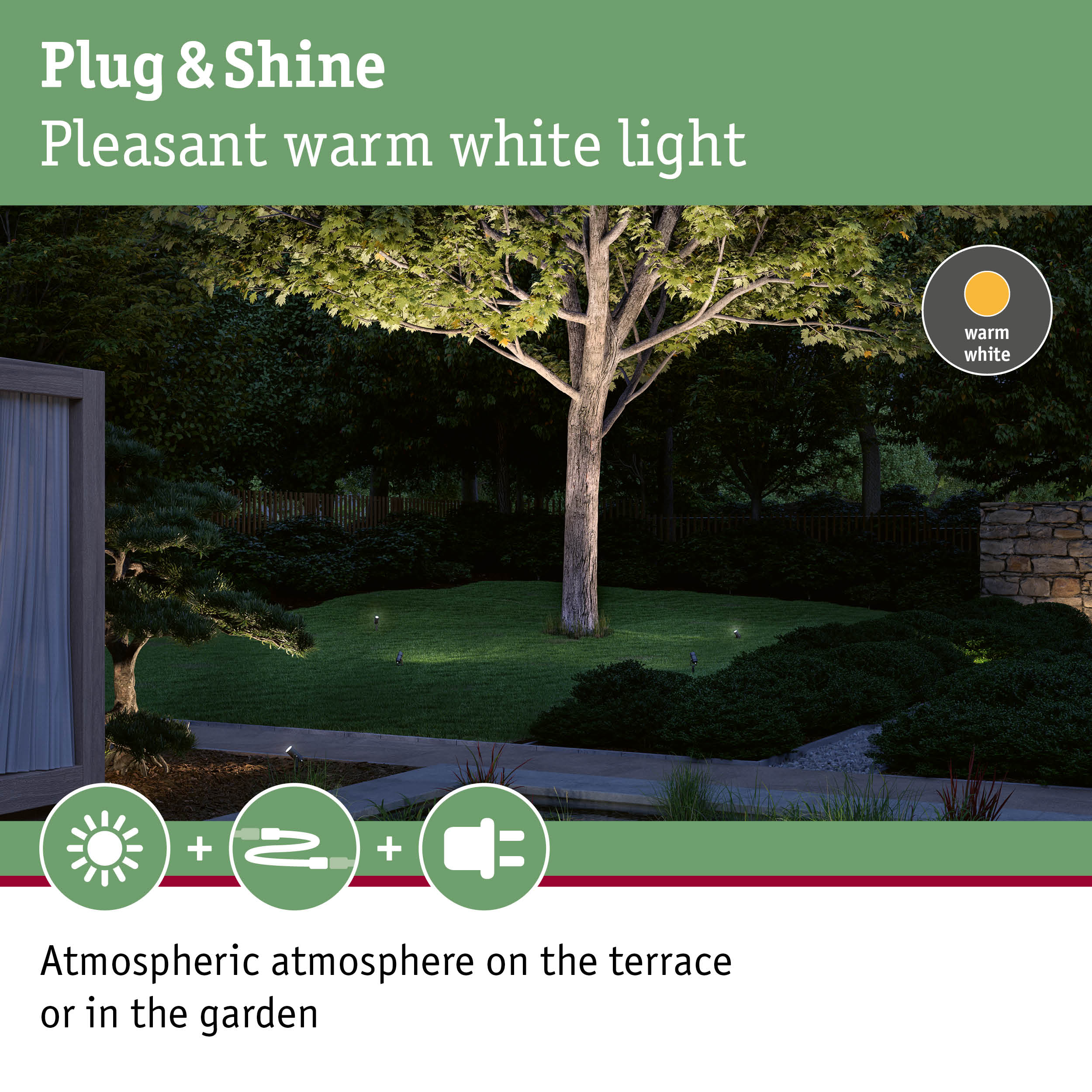 Gartenbeleuchtung mit warmweißem Licht, beleuchtet Bäume und Büsche.