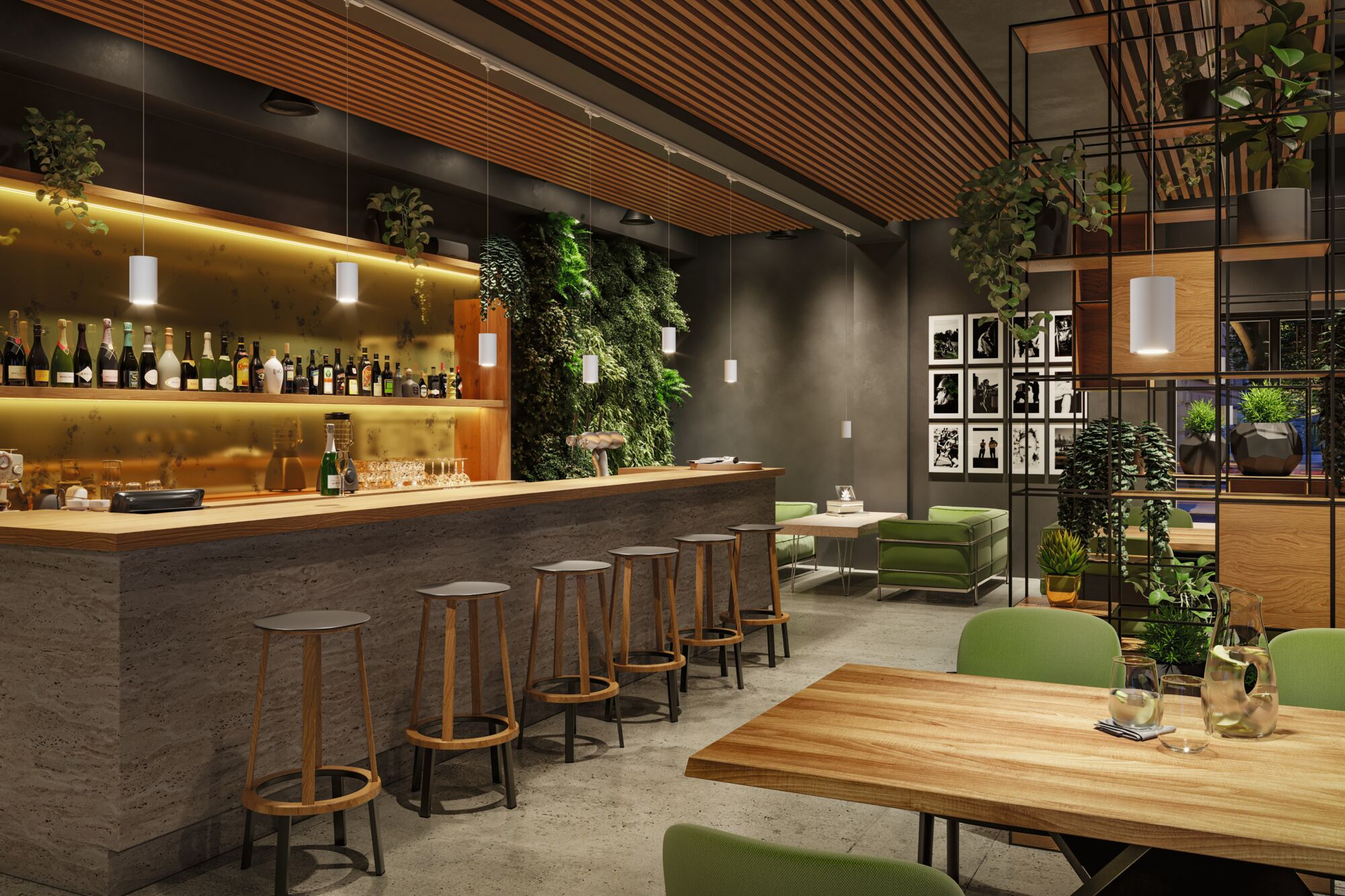 Moderne Bar mit Holzakzenten, grünen Pflanzen und Sitzbereichen.
