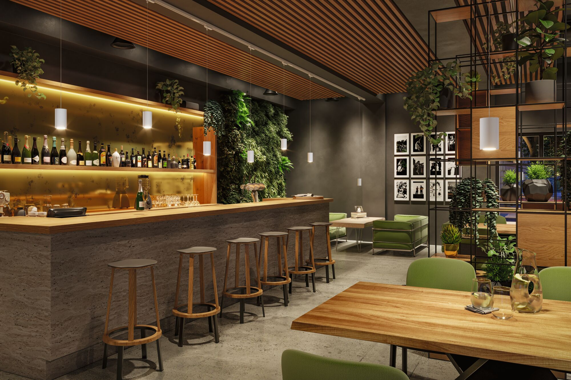 Moderne Bar mit Holzakzenten, grünen Pflanzen und Steintheke mit Hockern.