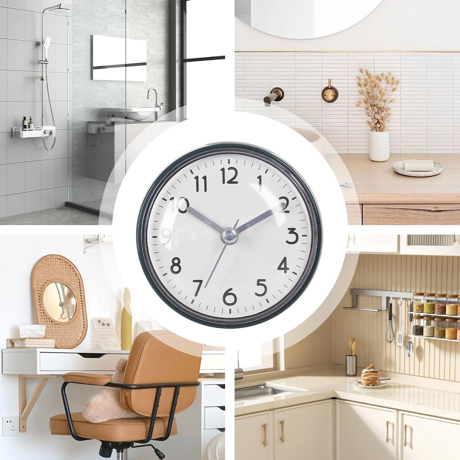 Collage von Badezimmer- und Küchenbildern mit einem zentralen Uhr-Nahaufnahme.