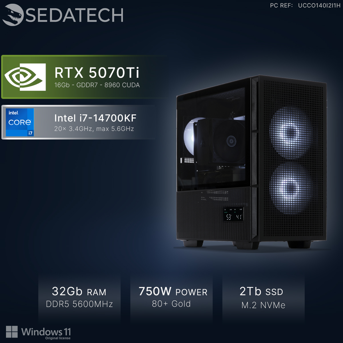 Czarny komputer z wentylatorami RGB, RTX 5070Ti, Intel i7-14700KF, 32 GB RAM, 750W.