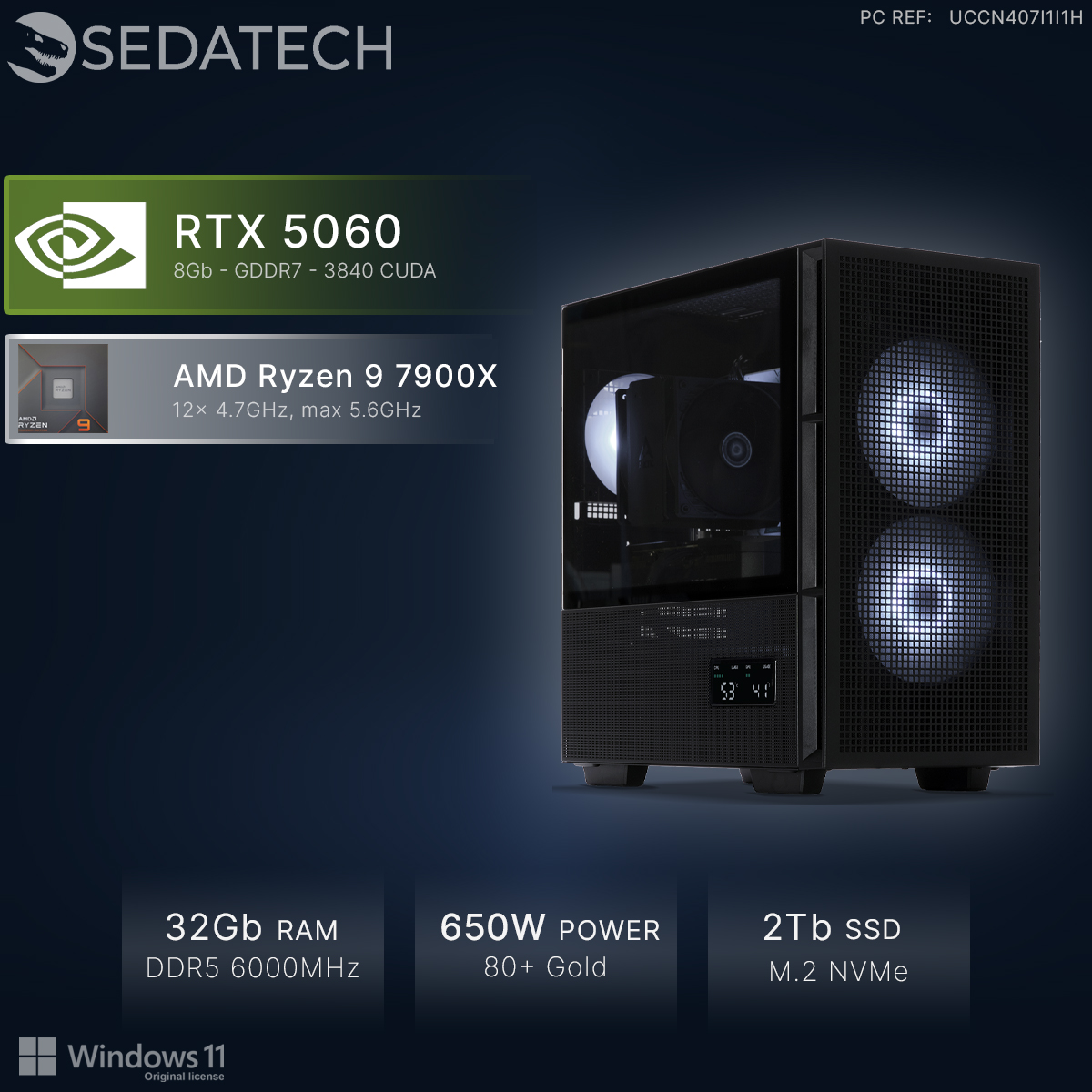Un PC nero con RTX 5060, Ryzen 9 7900X, 32GB RAM, alimentatore 650W.