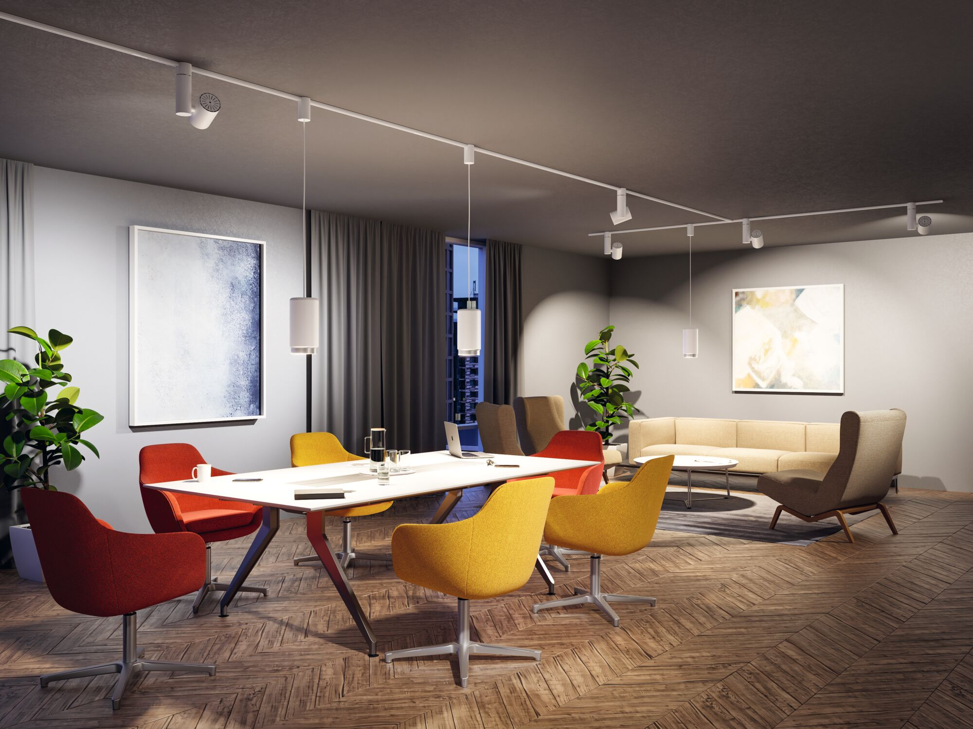 Moderner Konferenzraum mit weißem Tisch, bunten Stühlen, Sofas und Kunst an der Wand.
